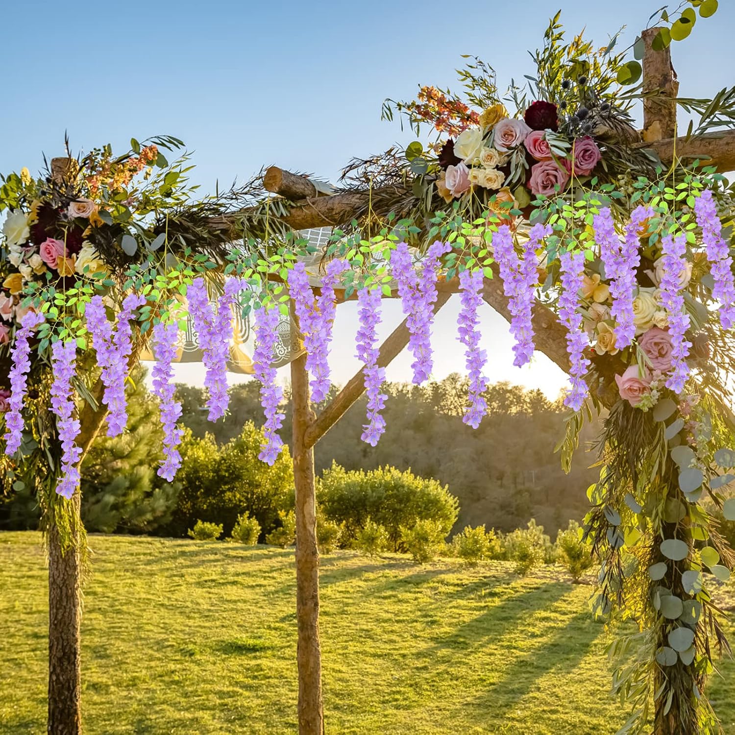 Pauwer Wisteria Hanging Flowers 24 Pack Fake Flower Garland Artificial Wisteria Vines Rattan Silk Flower String Wedding Party Wall Decorations,Purple