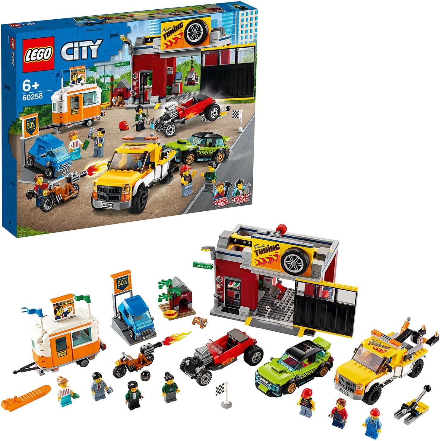 LEGO 60258 City Nitro Wheels Tuning Workshop Building Set with Tow Truck,Hot Rod,Camping Trailer&Motorbike ( Multicolour), 897 Pcs
