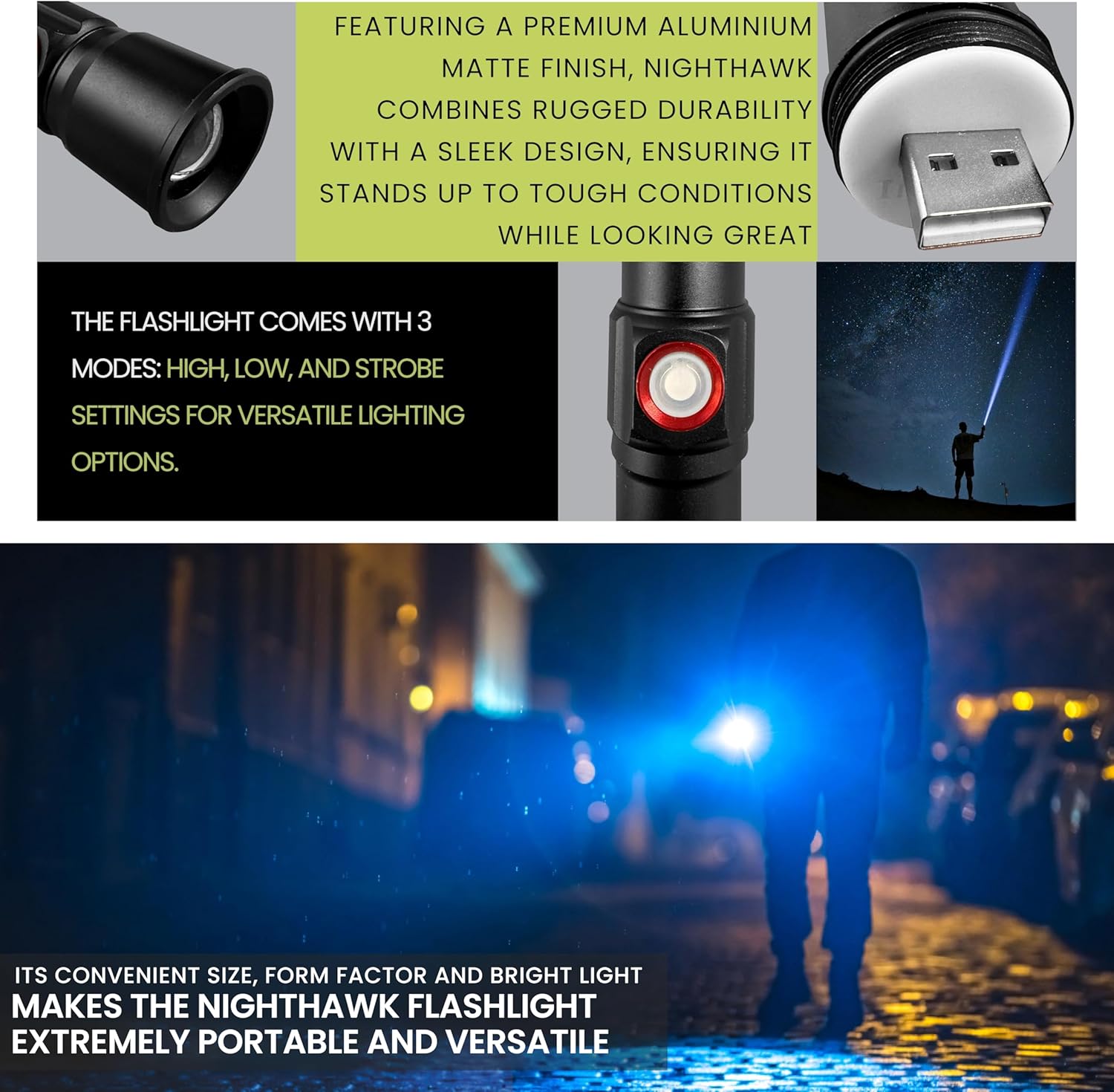 Power By GoGreen Nighthawk LED Flashlight – 700 Lumens, Rechargeable with 3 Modes & USB Charging