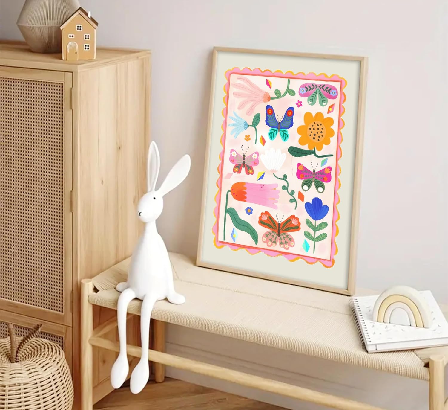 Pink Baby Girl Nursery Canvas Wall Art ABC Animal Alphabet Wall Decor Colorful Butterfly and Flowers Painting Picture Pastel Botanical Rainbow Poster Print Artwork for Kids Room Playroom, Unframed