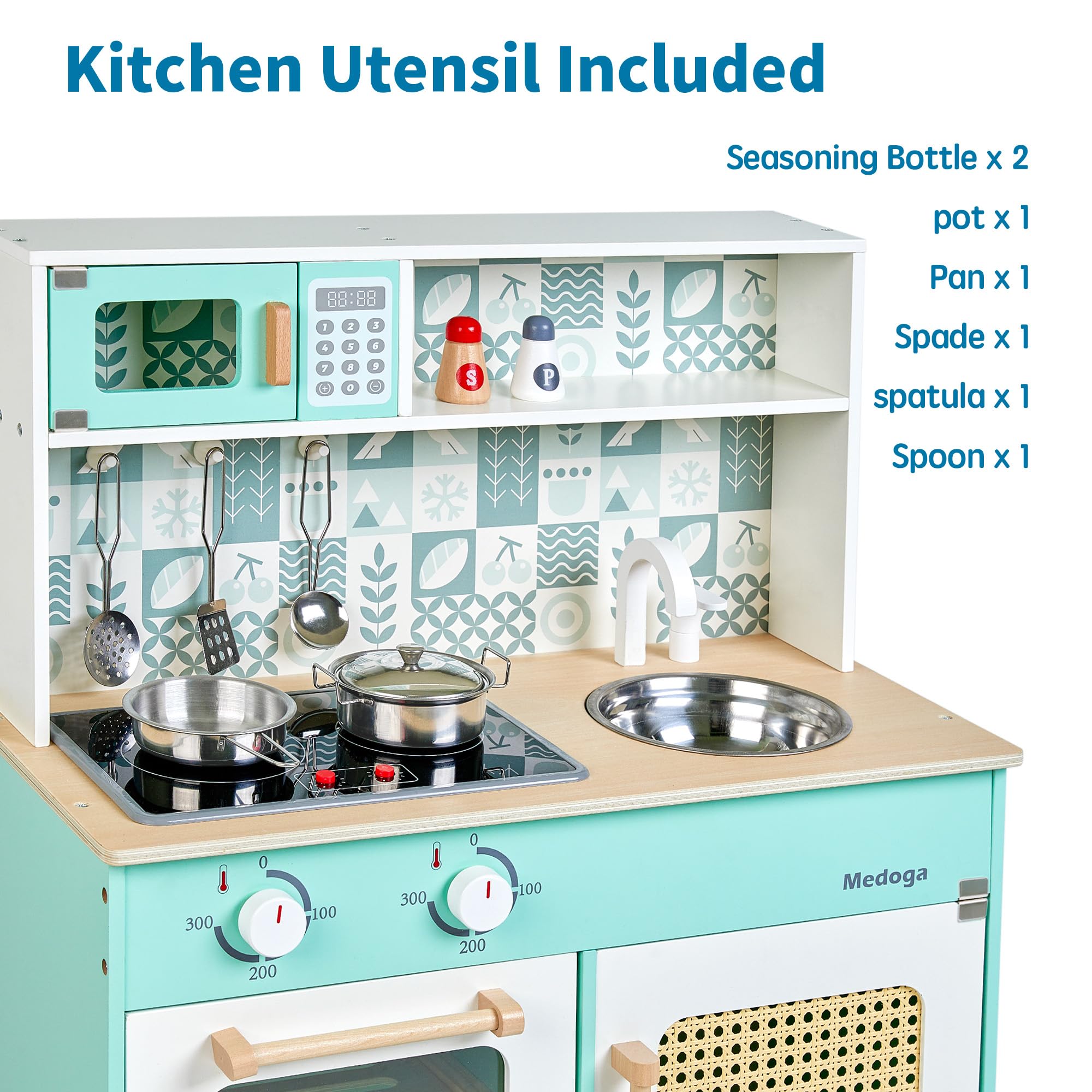 Set da cucina in legno, set da cucina per bambini dai 3 anni in su, con luci e suoni reali, set da cucina giocattolo per bambini con 8 accessori per pentole, regalo giocattolo per ragazze e ragazzi