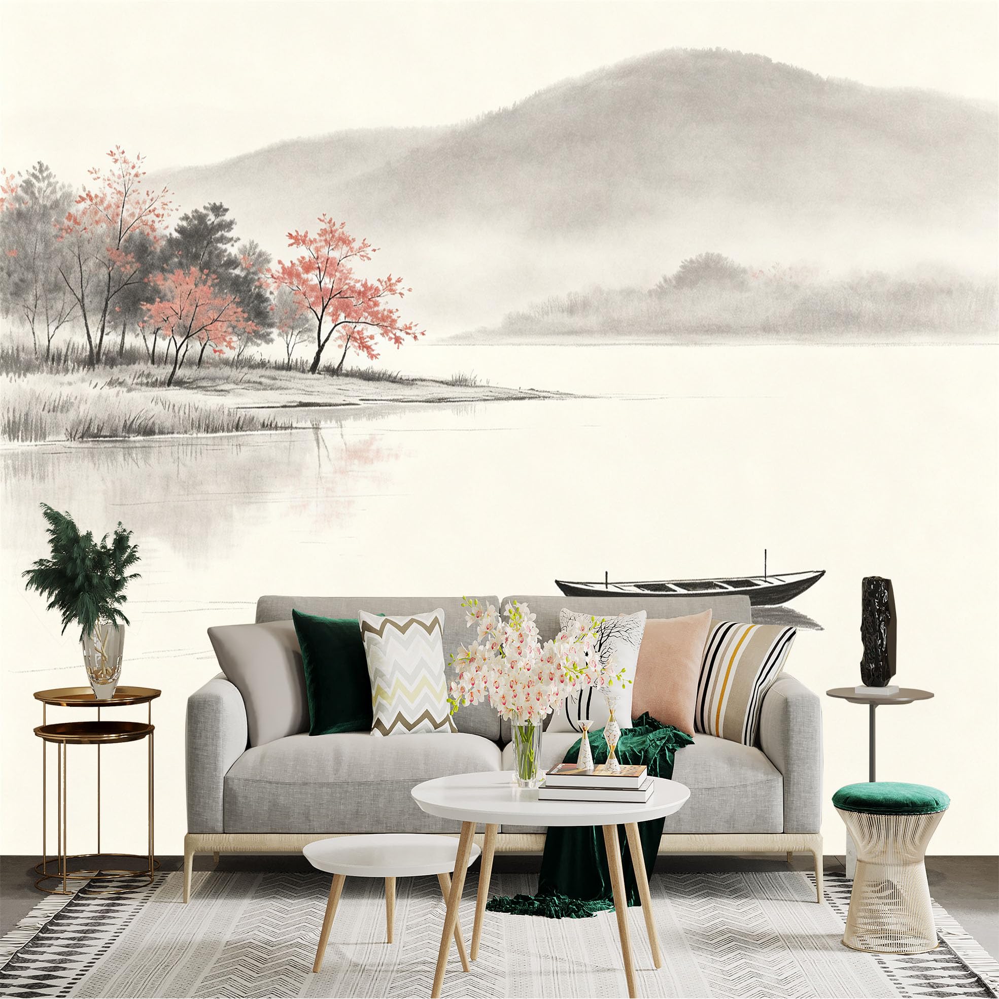 Custom Size Wall Sticker Mural， Traditional Chinese Ink Wash Painting， Tranquil Lake with Boat， Misty Mountains and Red Maple Trees， for wall Decoration， peelandstick wall Decals.