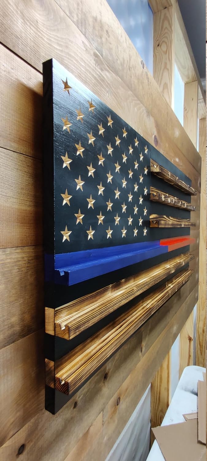 Split Thin Red/Blue Line Challenge Coin Holder Display, Wooden Shelves hold 90-100 Coins, for Military, Police, Law Enforcement, First Responders, Custom Handmade Quality, Made in Texas