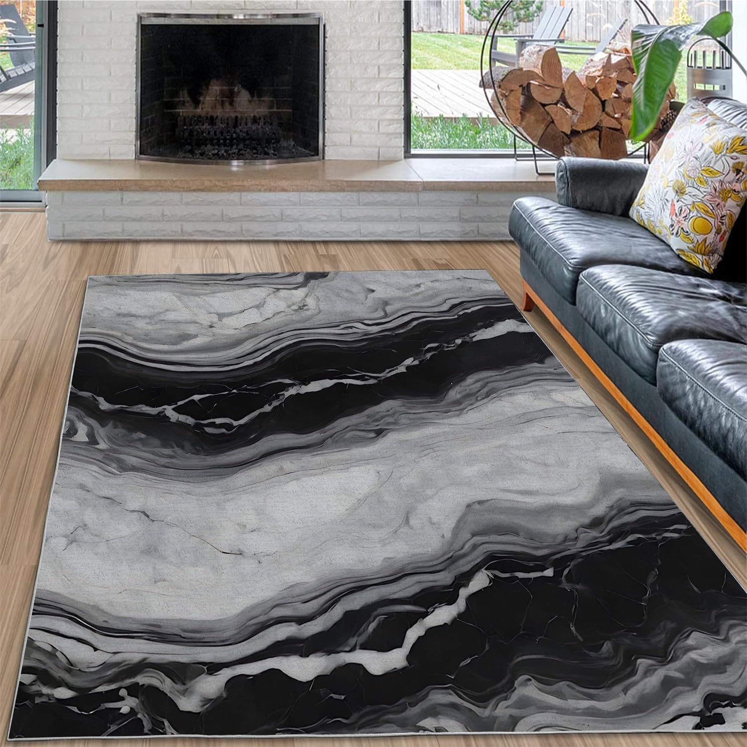 Modern Nursery Rug - 3x5 Rug, Abstract Turquoise Marbling Rug for Teens Kids Boys, Soft Flannel Non-Slip Black Carpet, Black Rugs for Entryway Bathroom Decor G100