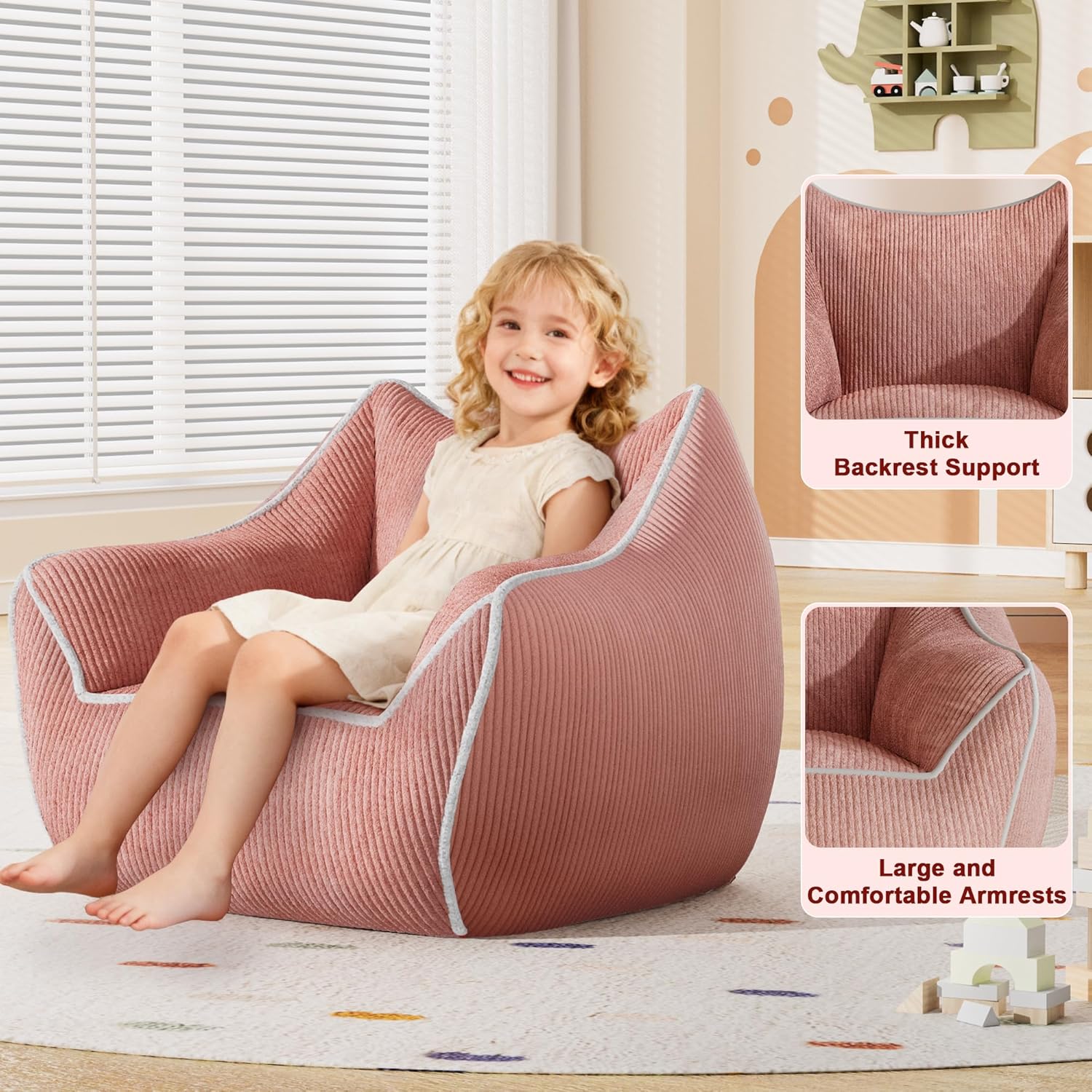 Pink Toddler Bean Bag Chair, Stuffed Kids Bean Bag Sofa with Filler Corduroy Bean Bag Seat for Girls, Small Comfy Lazy Sofa Lounge Chair with Armrests and Back Support for Gaming, Reading, Pink