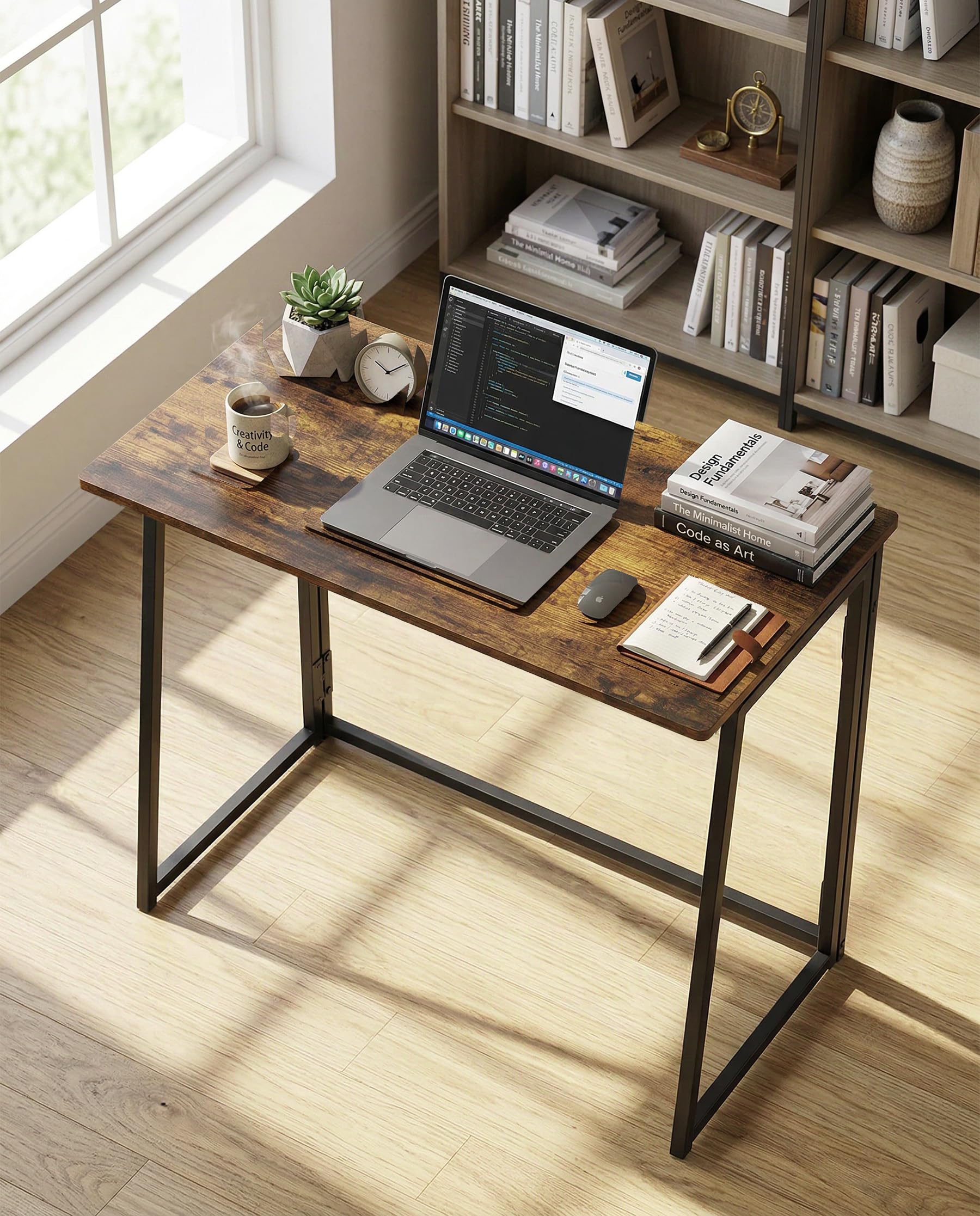 Scrivania pieghevole, 80 x 40 cm, effetto legno bruciato, facile da montare, piccola scrivania con telaio nero, perfetta per arredamento in stile industriale