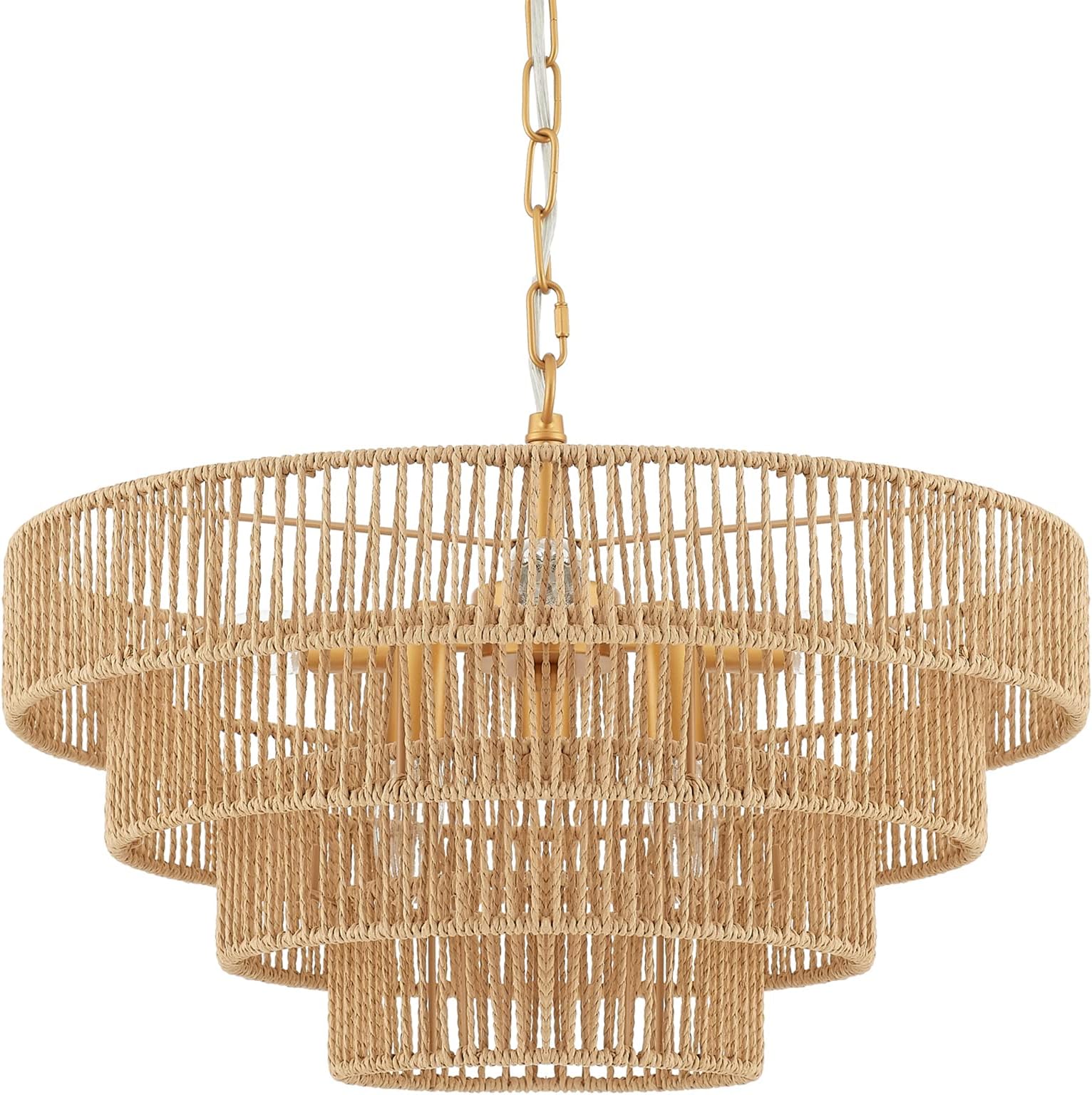 6-Lights Hand-Woven Rattan Pendant Light 4 Round Transitional Minimalist Boho Large Pendant Light for Kitchen Island Dining Room Living Room Hallway, Dia 20 Inch, UL Listed