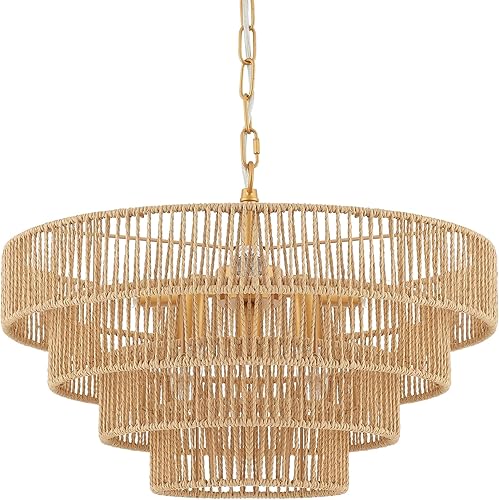 Lámpara colgante de ratán tejida a mano, 6 luces, 4 redondas, de transición, minimalista, bohemio, grande, para cocina, isla, comedor, sala de