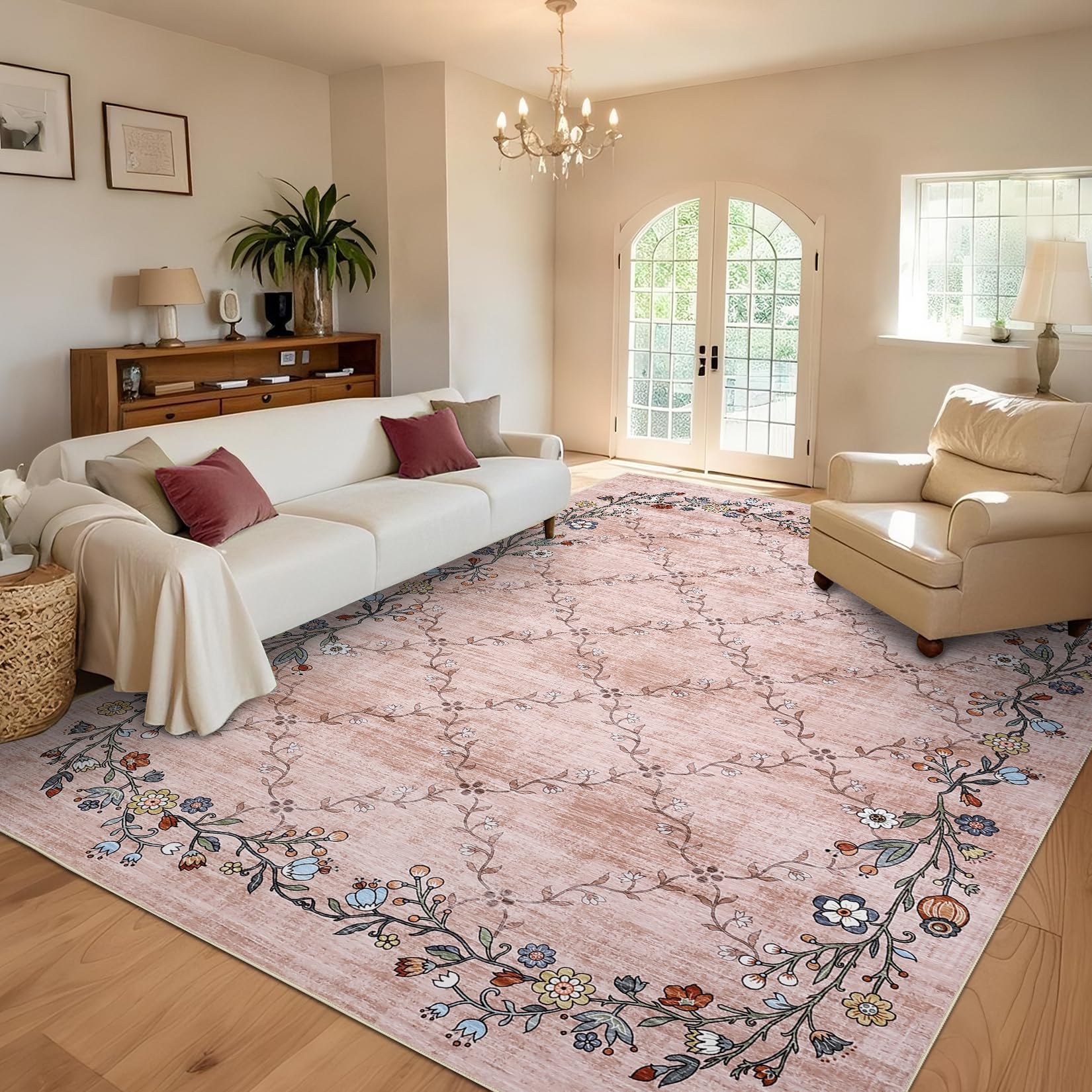 GarveeHome 8x10 Washable Floral Area Rugs for Living Room: Modern Floral Non Slip Large Area Rugs for Bedroom, Large Machine Washable Living Room Low