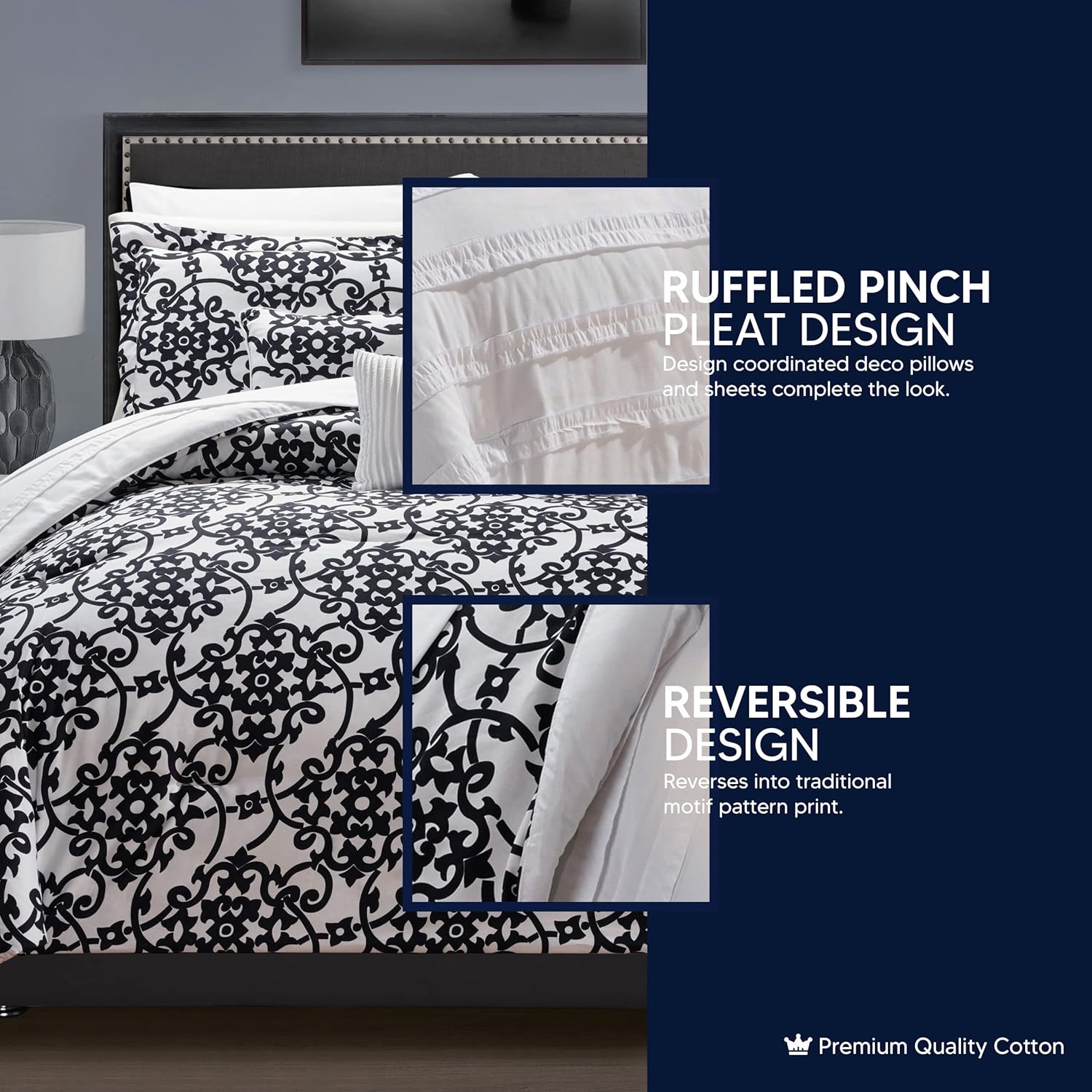Chic Home CS2429-AN Lea 10 Piece Reversible Comforter Bed in A Bag Ruffled Pinch Pleat Motif Pattern Print Complete Bedding Set - Sheets Decorative Pillows Shams Included, Queen, Beige