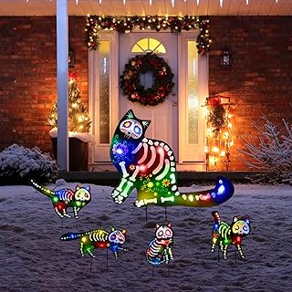 Christmas Decorations Outdoor Yard Signs, 5PCS Lighted Skeleton Black Cat Battery Powered with Stakes Spooky Scary Christmas Decor Yard Lawn Garden Sign