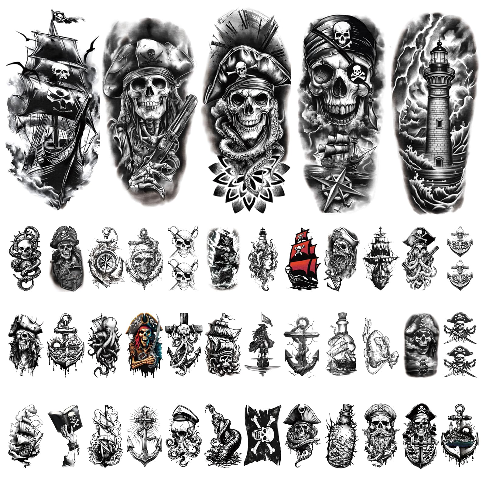 77 Sheets Pirate Skull Temporary Tattoo for Women Men 17 Sheets Half Arm Large Flower Skeleton Octopus Fake Tattoos - Image 2
