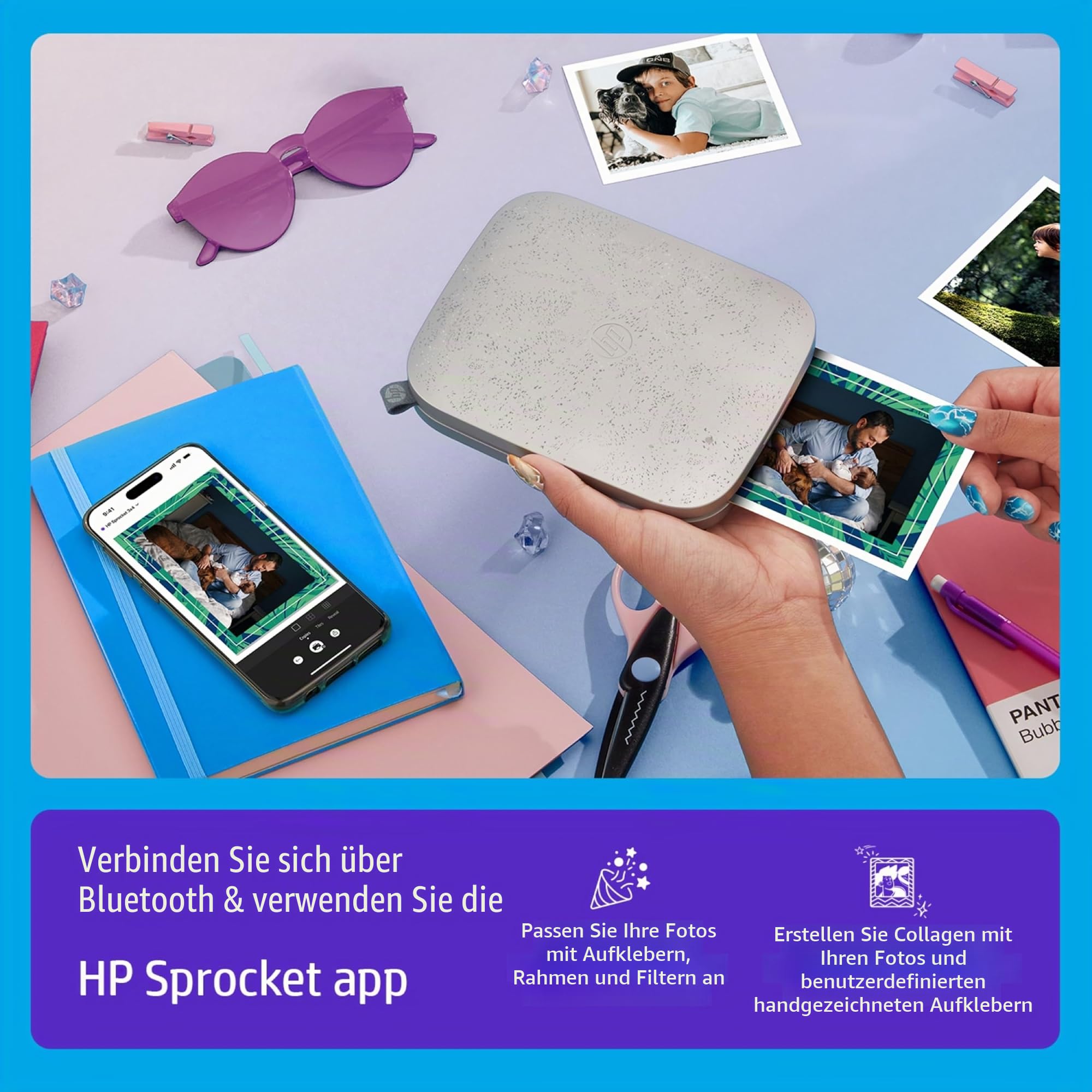 HP Sprocket Sofortbild-Fotodrucker, 7,6 x 10,2 cm, Zinkpapier, 50 Stück