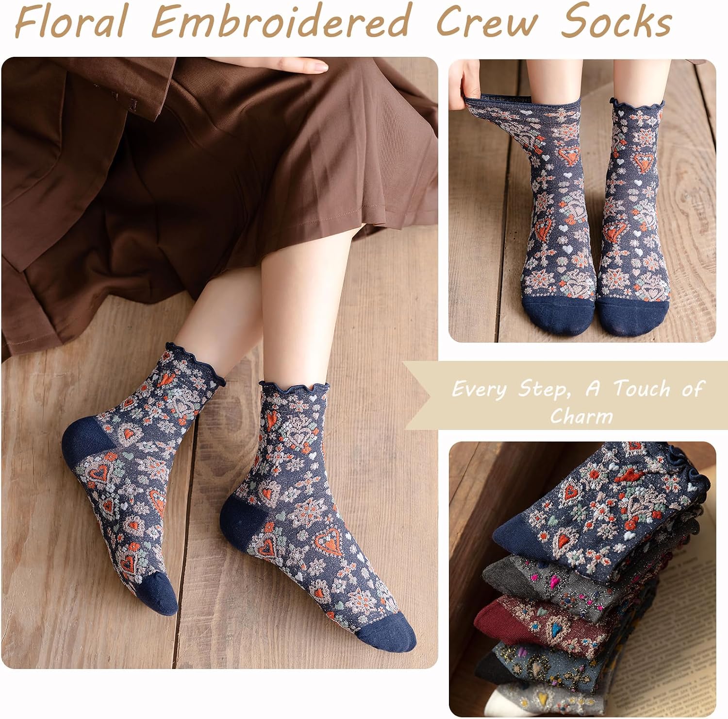 DXYAKY 5 Pairs Women's Vintage Floral Ruffle Crew Socks, Frilly Embossed Combed Cotton Patterned Casual Socks