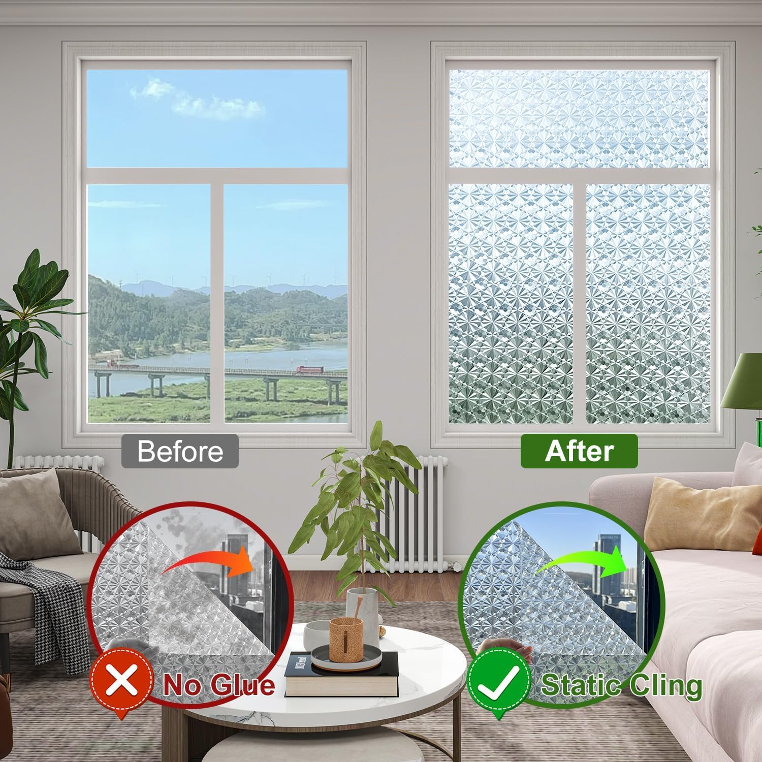 Window Privacy Film Frosted Privacy Window Film 3D Diamonds Glass Film Opaque Window Film for Glass Non Adhesive Removable Window Sticker for Bathroom Living Room (Flower Shape, 23.6inx118in)
