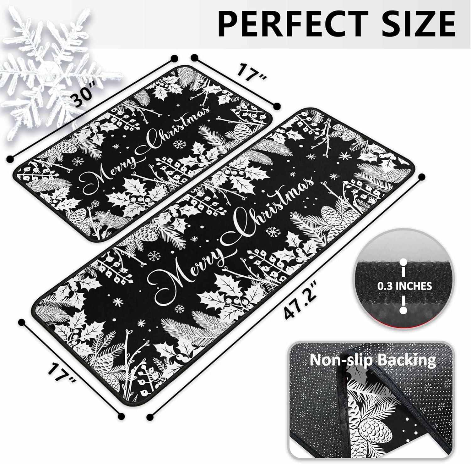 Christmas Kitchen Mats Set of 2, Black Christmas Decorations for Home, Holly Pine Branches Pinecones Kitchen Rugs Non-Slip Backing Winter Floor Mat Xmas Decor Washable Runner Rug 17"x47.2"+17"x30"