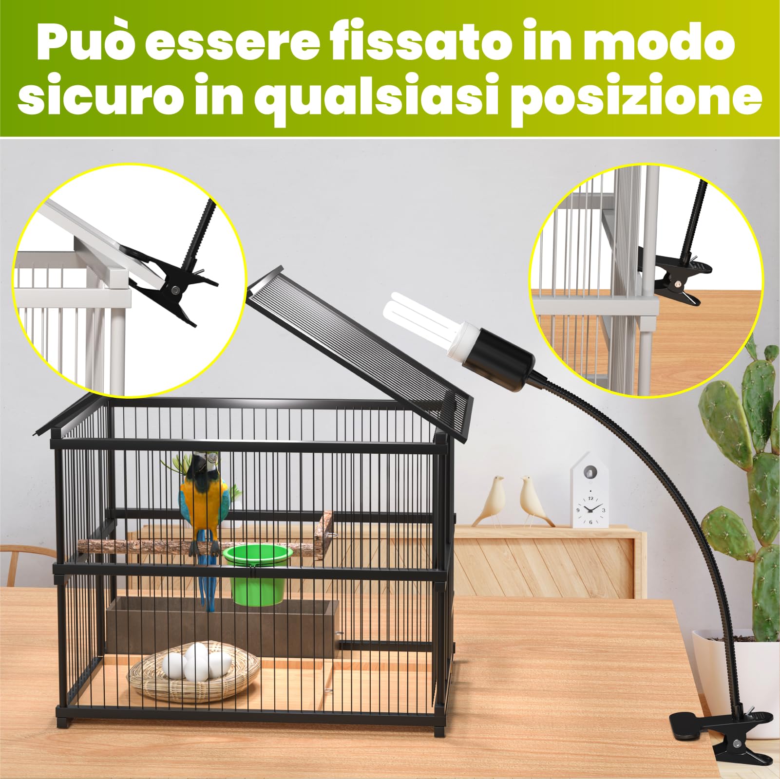 GlowUp Lampada per uccelli set completo, lampada a morsetto con lampadina UVB 2.4 E27 20W per Illuminazione degli uccelli