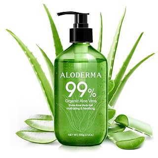 Aloderma 99% Organic Pure Aloe Vera Gel Made within 12 Hours of Harvest, 17.6oz Value Pump, Lightweight Non-Sticky Aloe Vera Gel for Sunburn Relief, Natural, Soothing Aloe Vera for Face & Hair - Amazon product rated Grade A