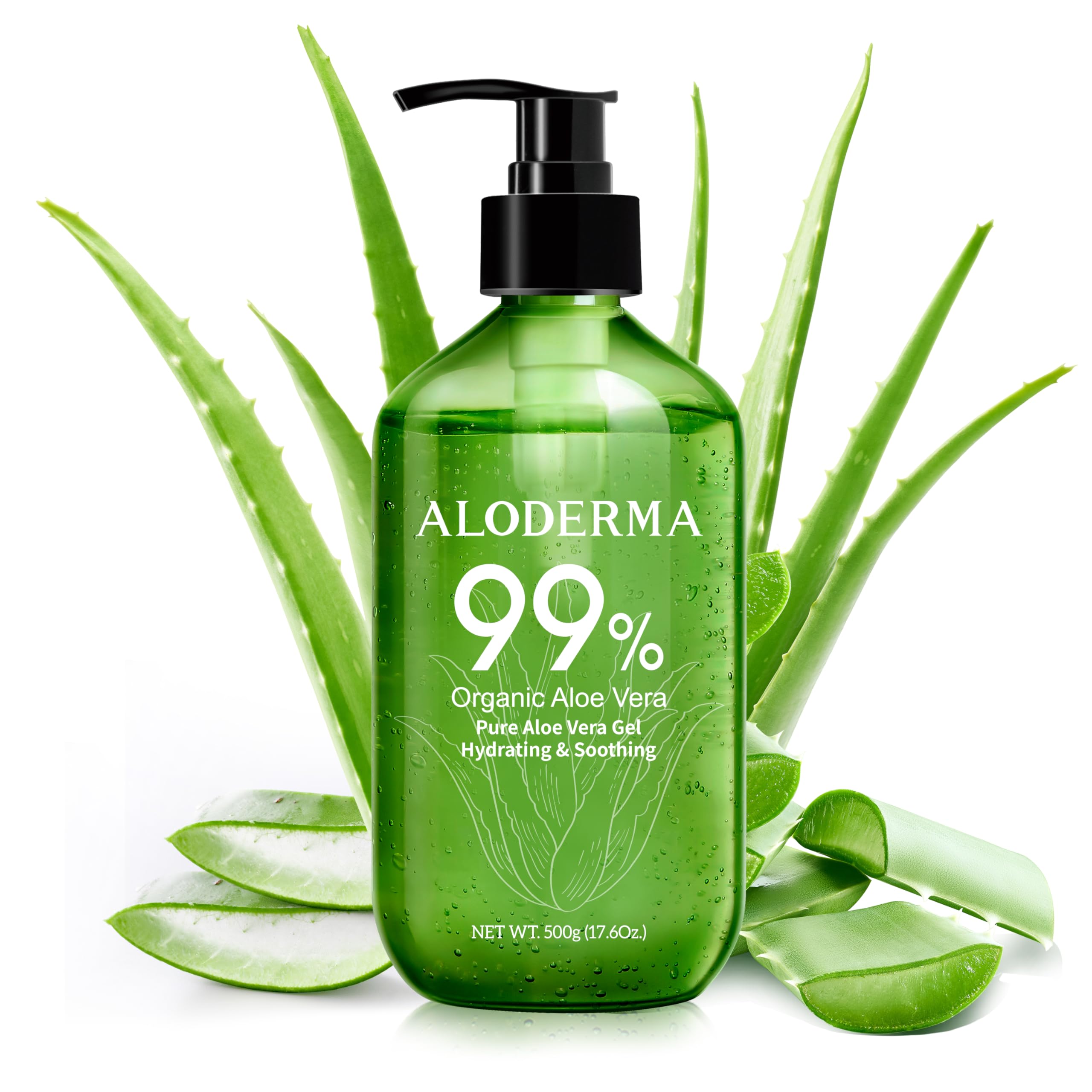 Aloderma 99% Organic Pure Aloe Vera Gel Made within 12 Hours of Harvest, 17.6oz Value Pump, Lightweight Non-Sticky Aloe Vera Gel for Sunburn Relief, Natural, Soothing Aloe Vera for Face & HairUSDA Organic