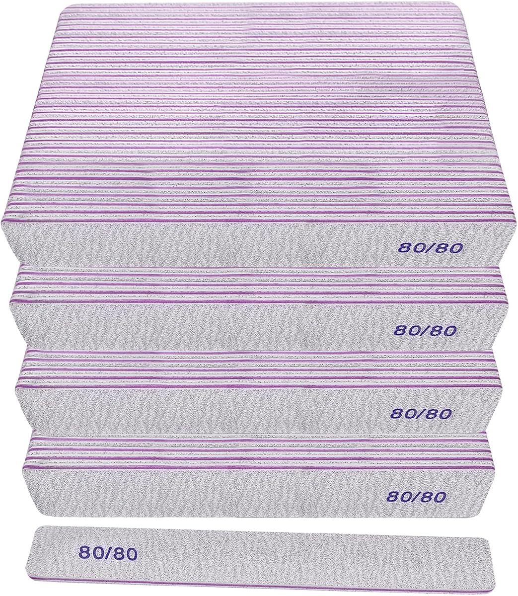 80/80 Grit Nail Files (100 Pack), Heavy Coarse Emery Boards for Acrylic Nails and Gel Nails, 80 Grits Double Sided Nail File Emory Professional Nail Filer Reusable Washable Manicure Square Gray