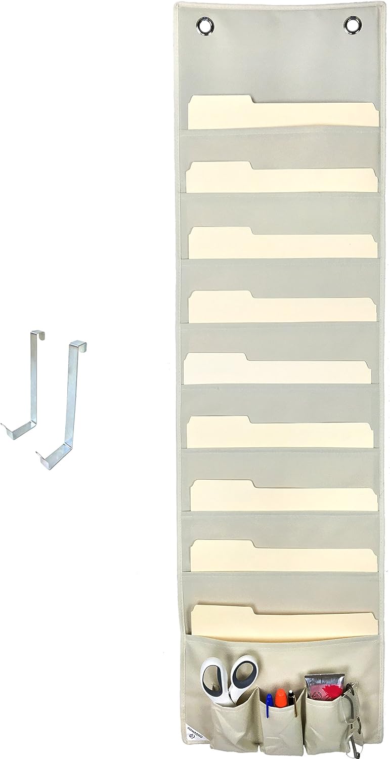 COMPONO Premium Hanging File Folder Organizer, 9 Large Pockets, 3 Small Pockets, & 2 Hangers. Perfect for Home Organization, School Pocket Chart, or Office Bill Filing. Wall or Over Door Mount. (Cream