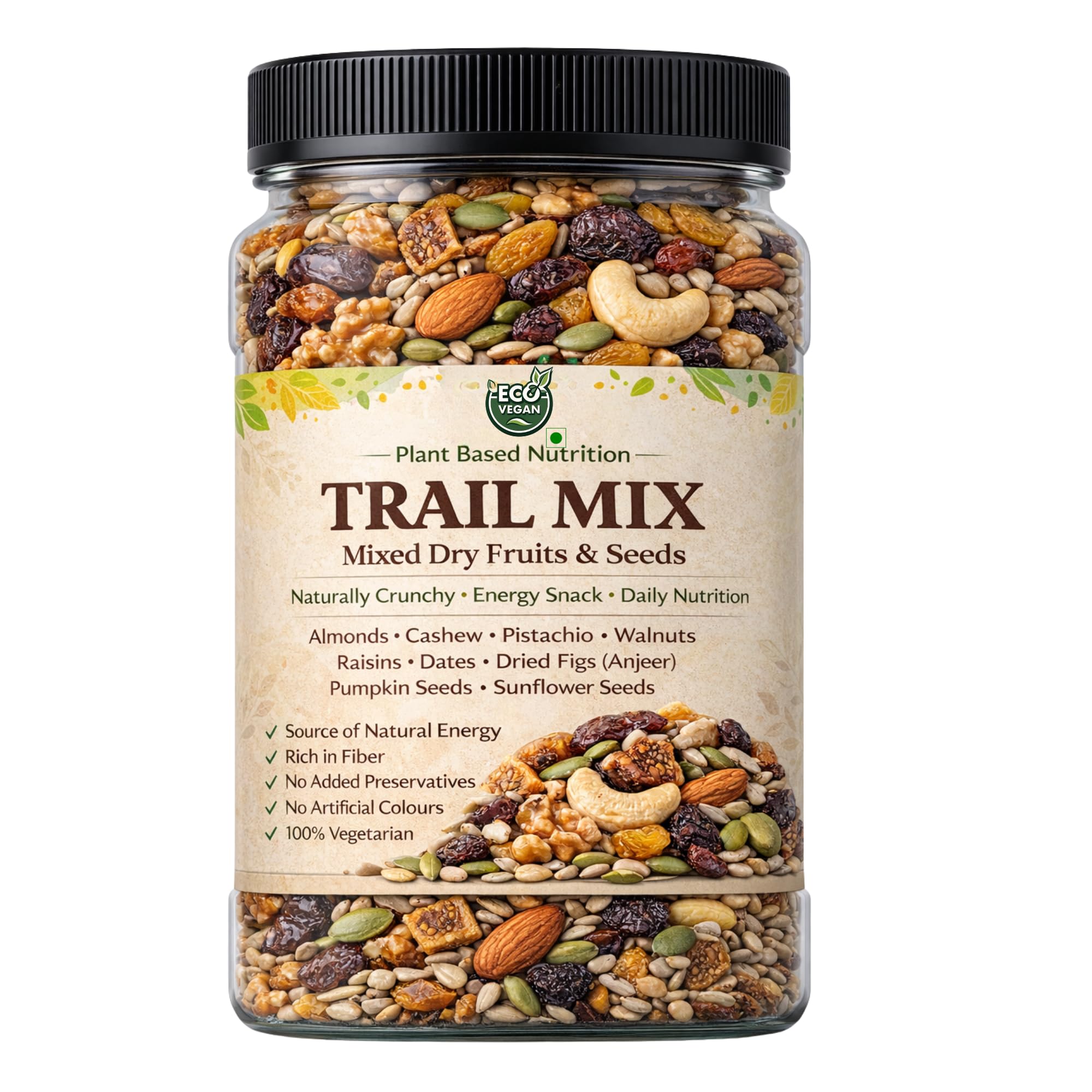 ECO VEGAN Trail Mix | Almond Cashew Pistachio Walnut Raisin Date Fig Pumpkin Sunflower Mix | Nuts & Seeds Snack Mix | 1000GM Pack-image-29