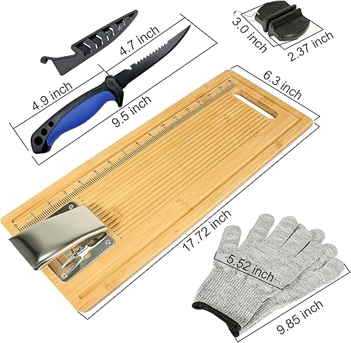Miniatura 4 de Tabla de limpieza de pescado, tabla de filete de pescado con abrazadera, cuchillo de filete y guantes, tabla de medición de pesca portátil de 18