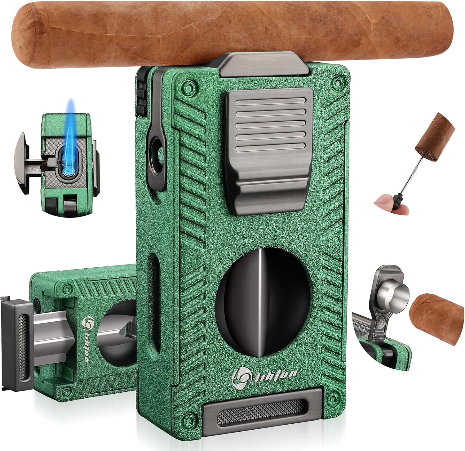 LIHTUN Cigar Torch Lighter, All in 1 Cigar Lighter Built in Cigar Cutter V Cut Cigar Holder Punch Draw Enhancer, Double Jet Flame Refillable Butane Lighters for Smoking, Gifts for Men
