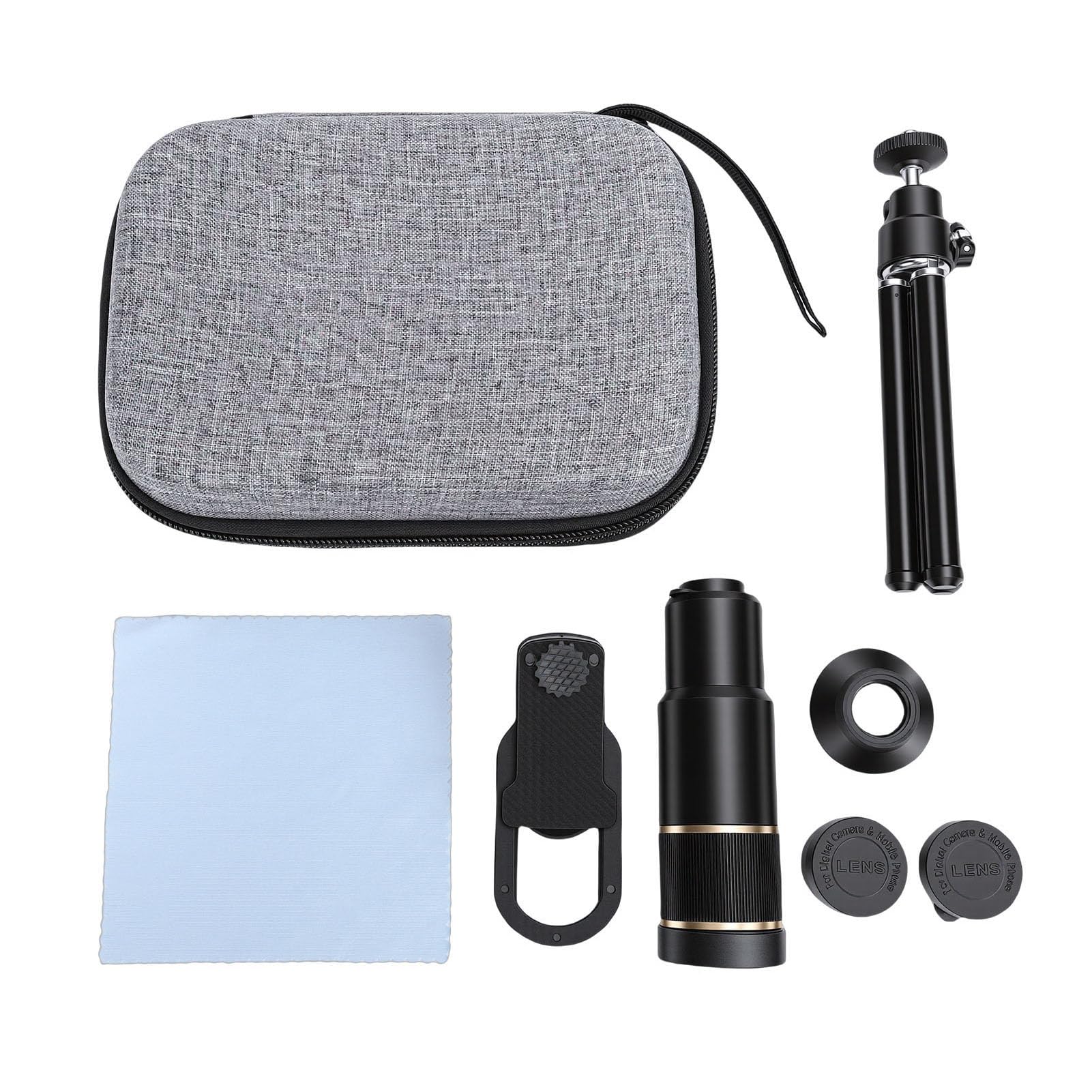 Kit Obiettivo Fotocamera Telefono, Teleobiettivo 22X Obiettivo Fisheye 198° Grandangolare 0,6X Macro 15X con Treppiede e Custodia, Smartphone e Tablet IOS