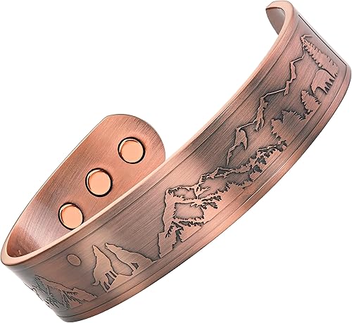 Miniatura 2 de Willis Judd Pulsera de cobre para hombre Lobos aullando lobos con diseño de vida silvestre de luna llena, Cobre