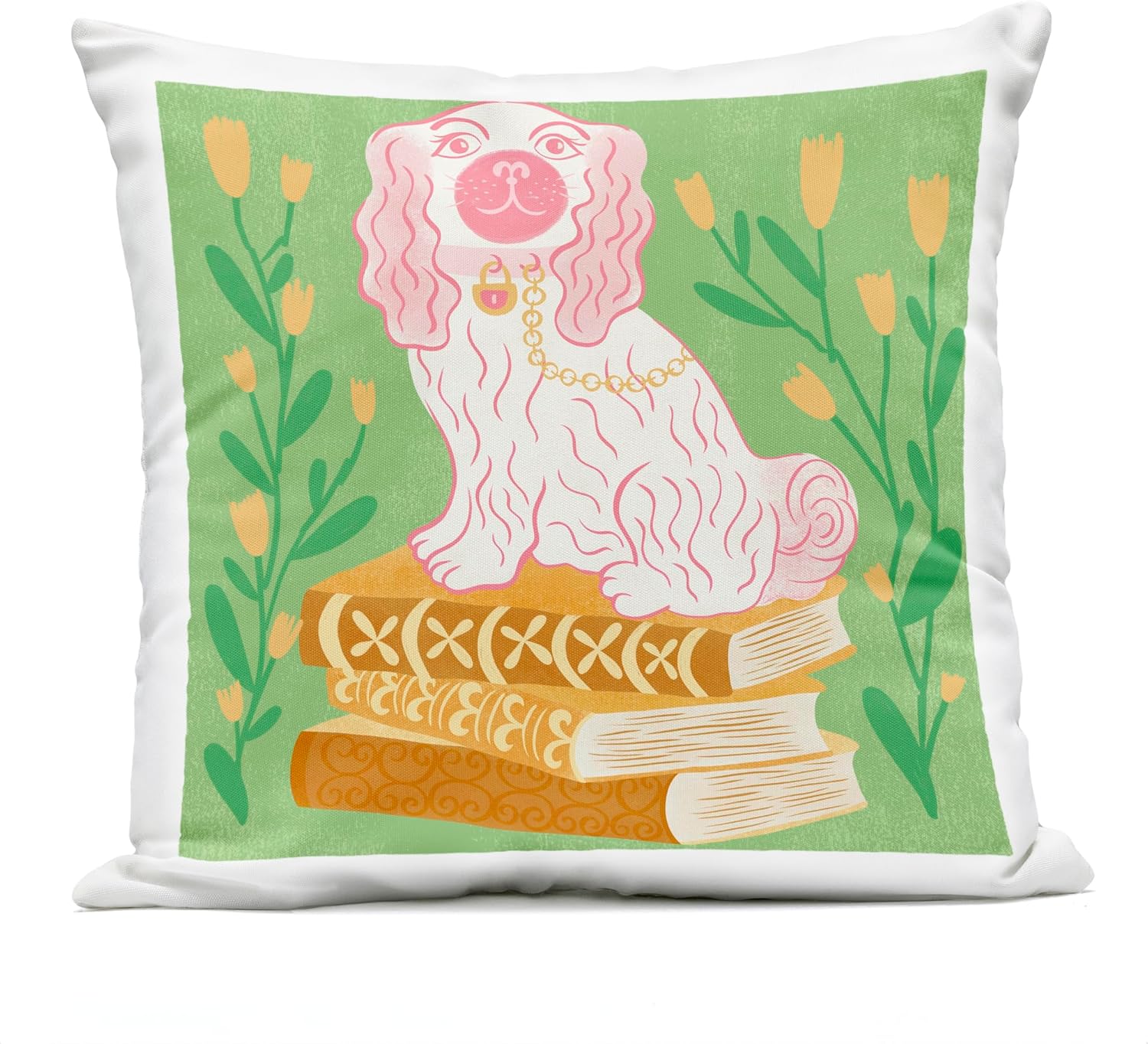 Stupell Industries Pink Staffordshire on Books Outdoor Printed Pillow Design by Carrie Cantwell, 18 x 7 x 18