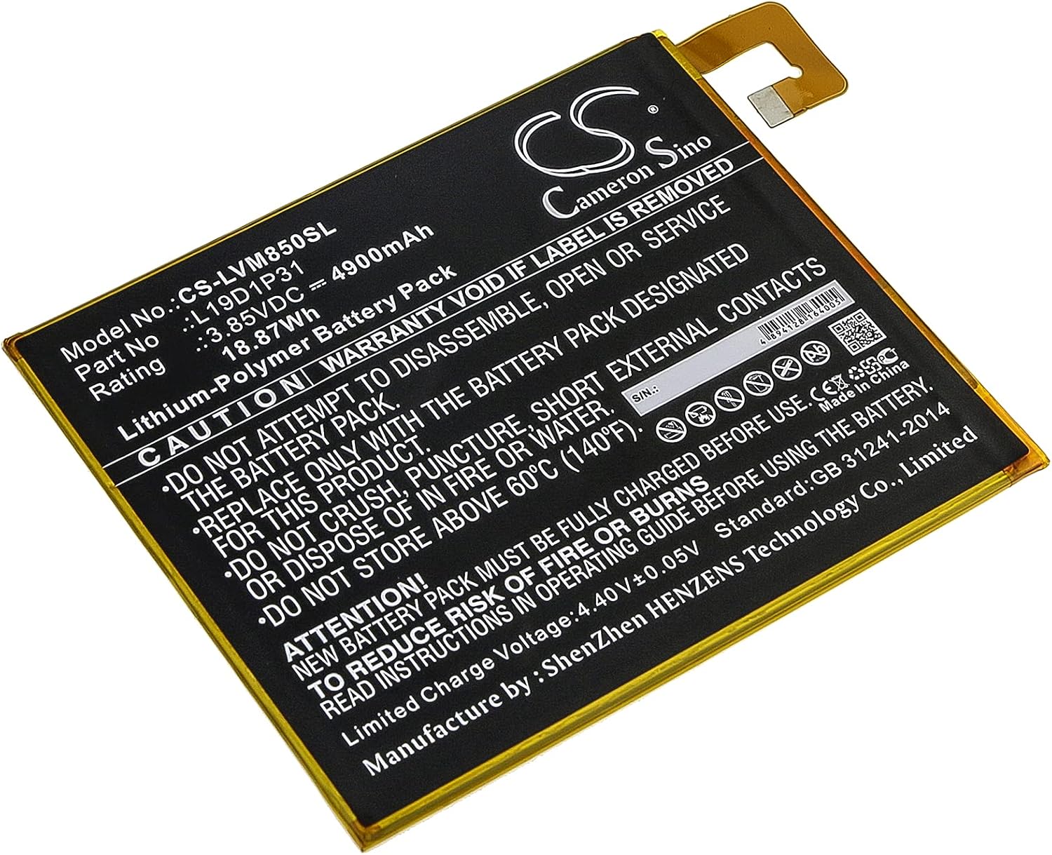 Cameron Sino Battery for Lenovo Tab M8, TB8505F PN:Lenovo L19D1P31 4900mAh / 18.87Wh