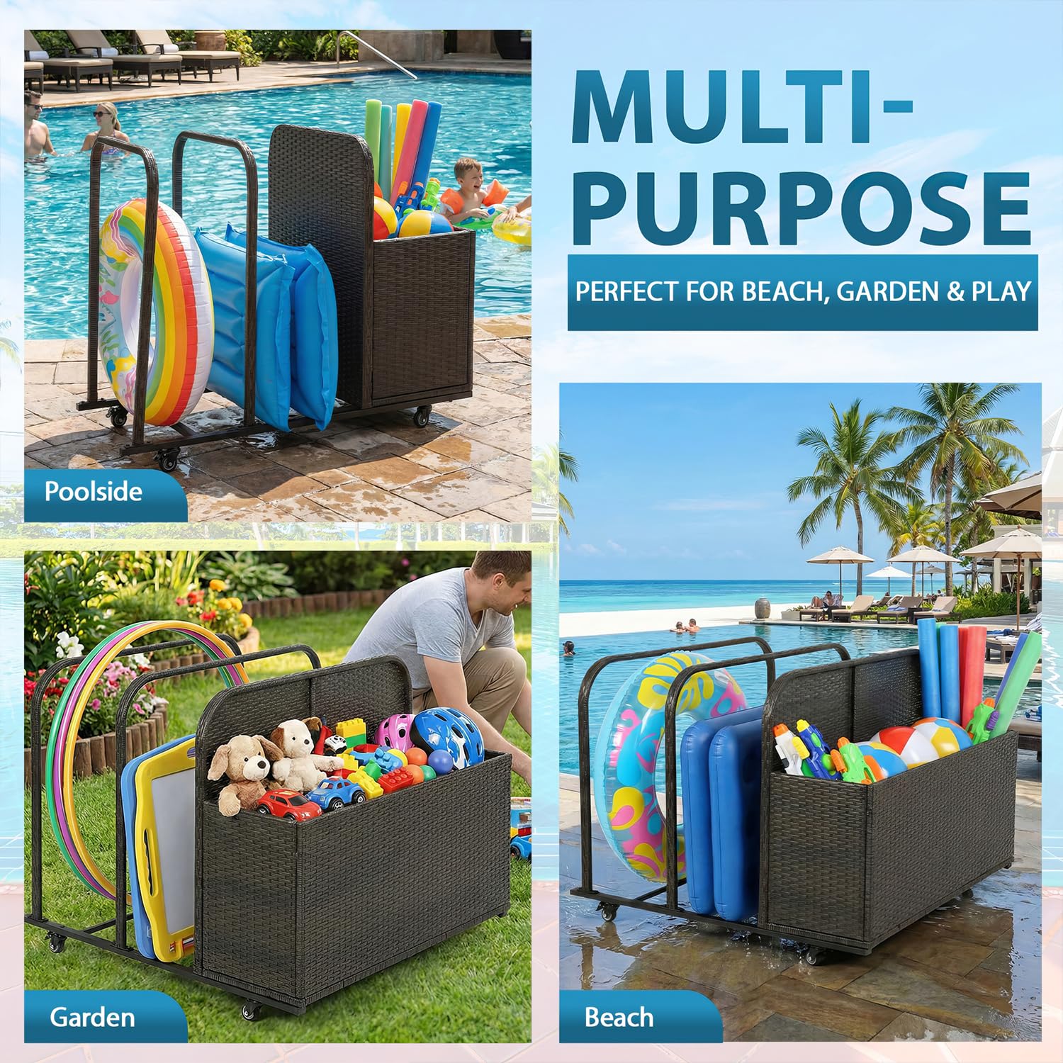 FDW Contenitore per galleggianti da piscina, con ruote, cestino in rattan sintetico, scomparti aperti per galleggianti, noodles, giubbotti di salvataggio, palline da spiaggia, attrezzature cuscini