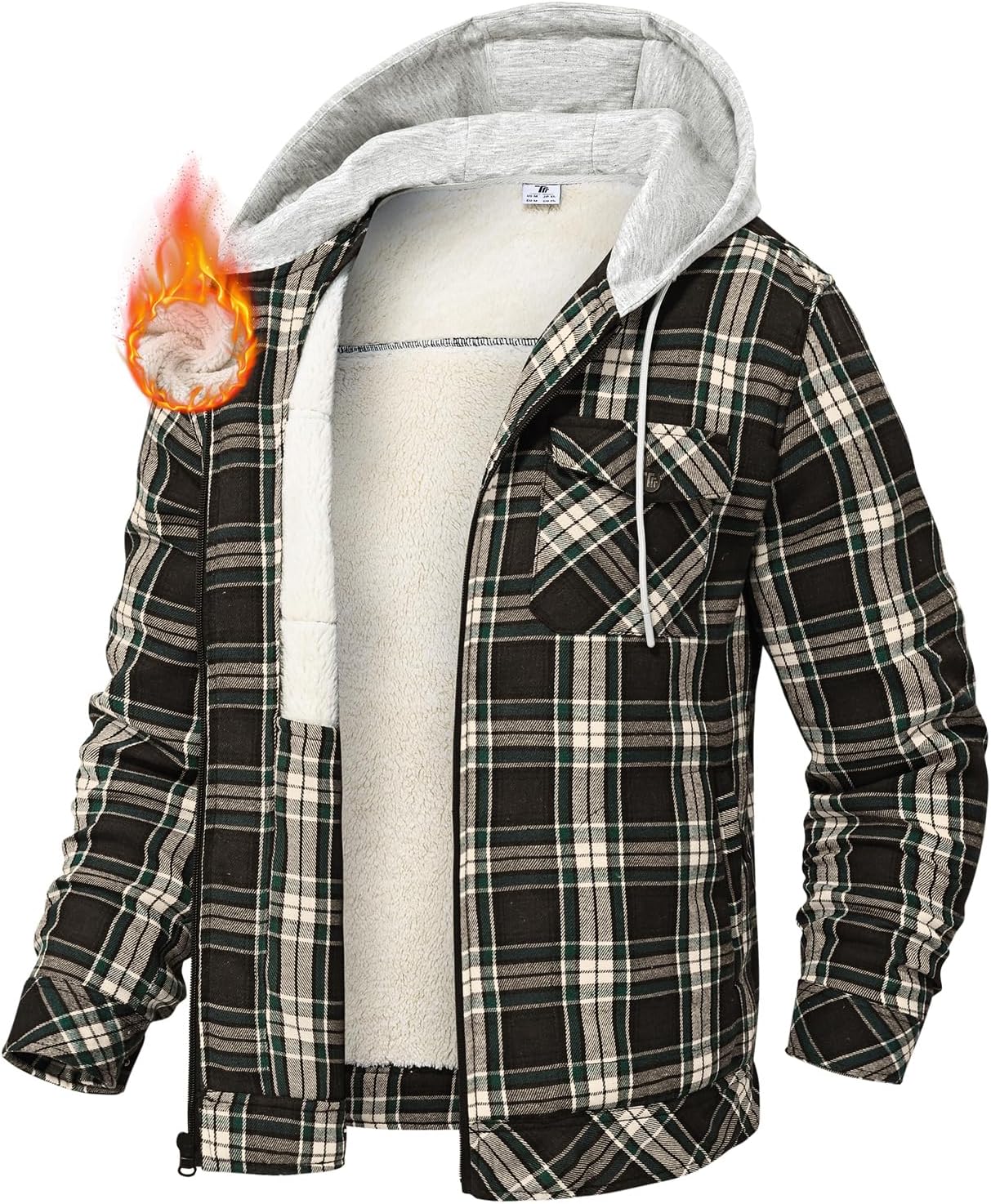 TBMPOY Men's Flannel Jacket Fleece Lined Plaid Sherpa Full Zip Winter Hoodie Warm Coat Long Sleeve Casual Zipper Pockets