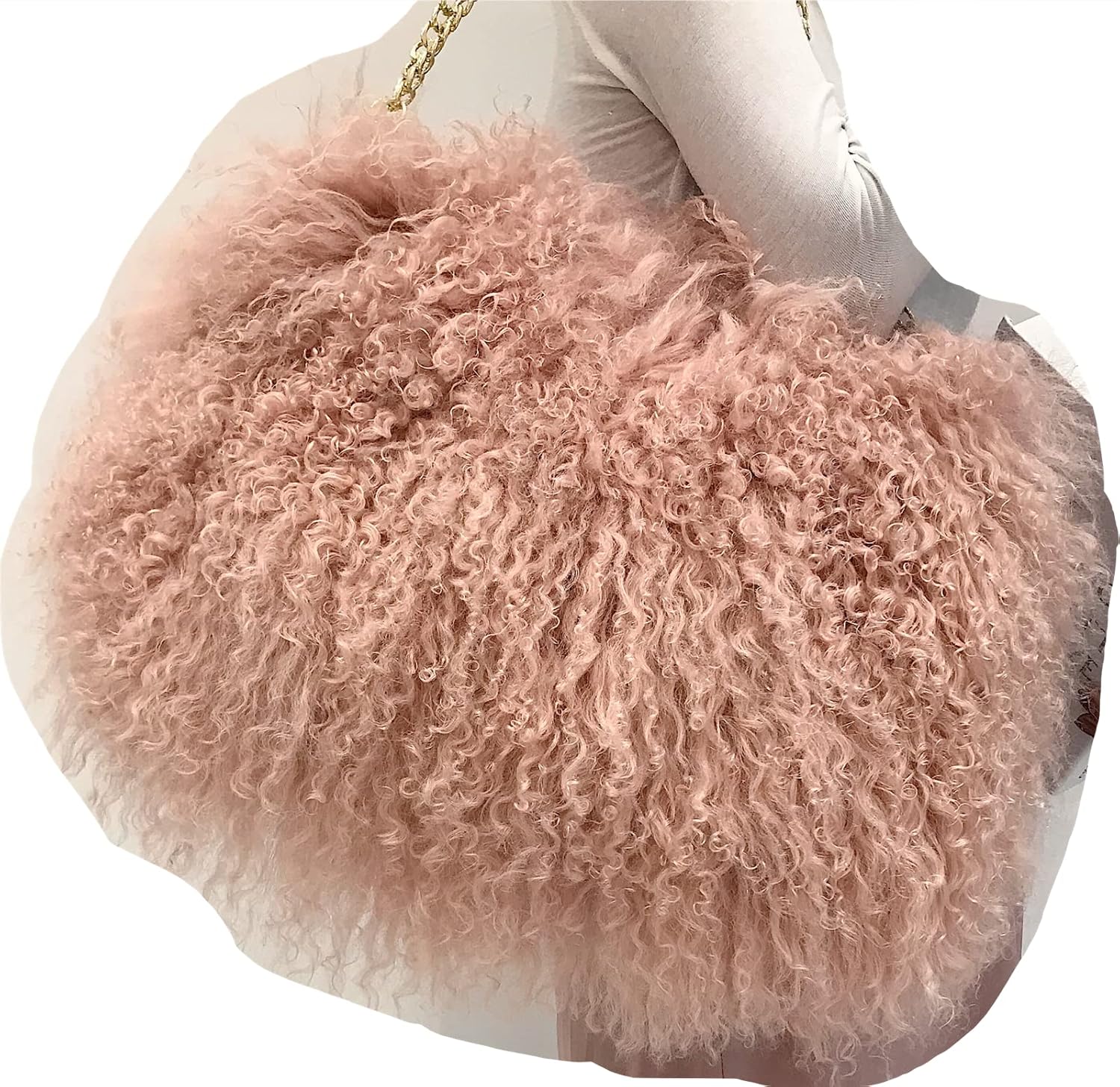 ME-01 Big Fluffy Fur Handbag With Real Mongolian Lamb Fur Long Curly Hair And Long Exchangeable Silver Chain Luxury Shoulder Bag Furry Clutch For Women(One Size, Rubber Powder)