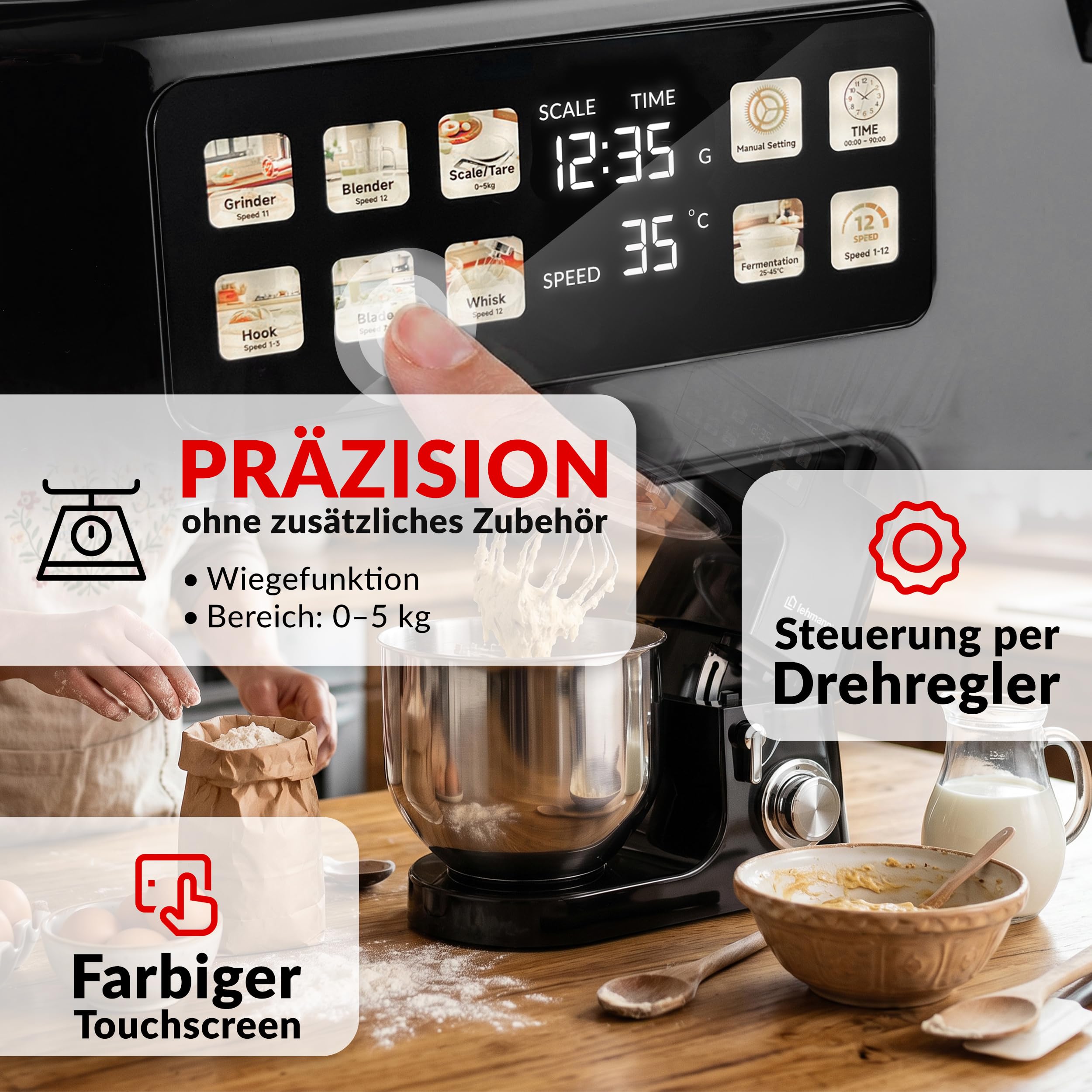 LEHMANN Teyles Multifunktions-Küchenmaschine 8L 2100W mit Waage & Heizschüssel, Planetarische Knetmaschine für Brot- & Pizzateig, 1,5-Liter-Mixer, Fleischwolf, Touchdisplay, Schwarz