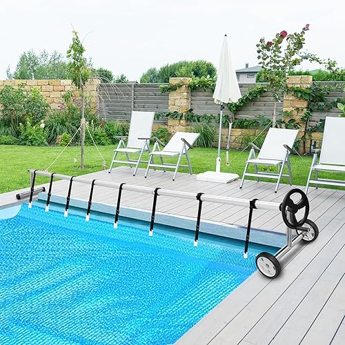 Miniatura 9 de Goplus Juego de carrete de cubierta de piscina de 18 pies, carrete de cubierta solar de aluminio ajustable con manivela y ruedas, cubierta solar