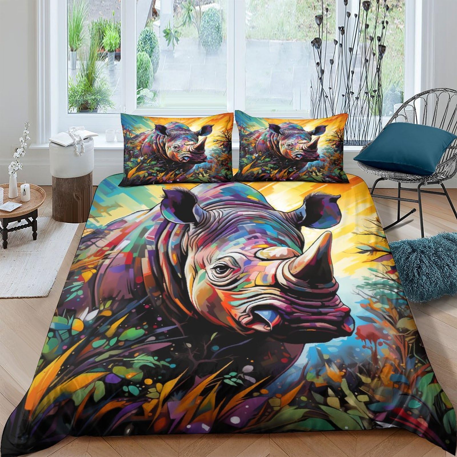 Parure de lit rhinocéros 3D 200x200 avec fermeture éclair robuste en microfibre