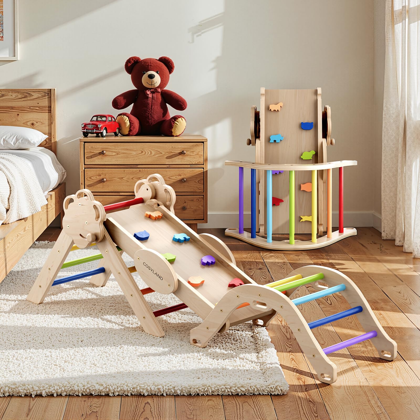 COSYLAND 8-in-1 Montessori Klettergerüst Holz ab 18 Monate – Kletterdreieck mit Rutsche & Kletterbogen, Natur – Indoor Spielplatz für Kleinkinder bis 3 Jahre