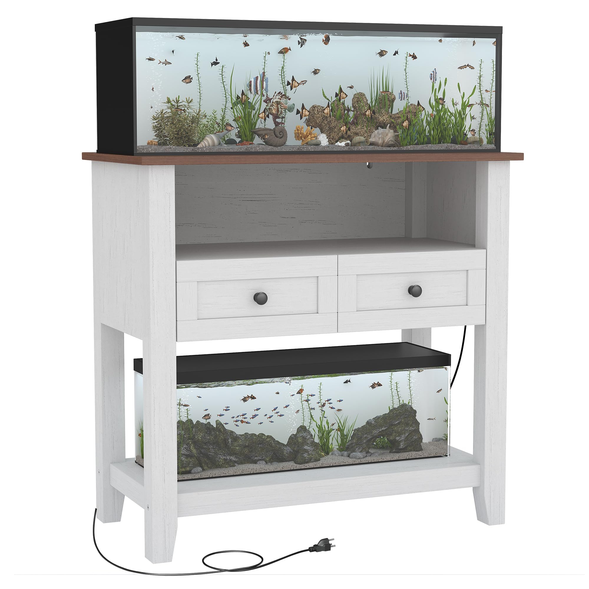Mobile per acquario 20-29 galloni con stazione ricarica - Portata 300kg - Cassetti e spazi aperti - Supporto per pesci o rettili - Colore bianco-marrone