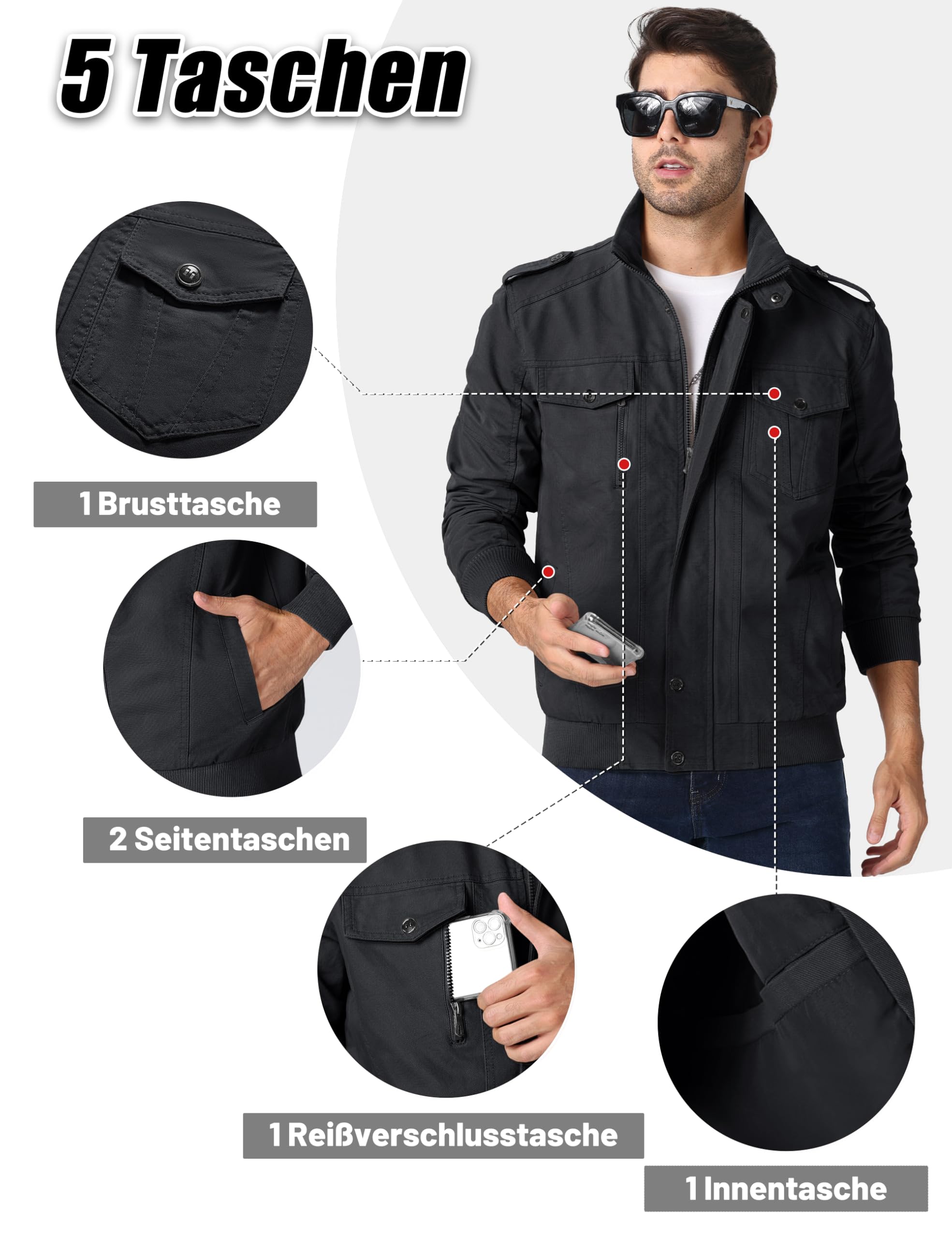 MAGCOMSEN Übergangsjacke Herren Jacke Übergang Jacket Cargo Herbstjacke | Leicht für Frühling Herbst,Stehkragen mit Taschen,Baumwollmix für Alltag,Blouson für Outdoor
