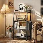 MAHANCRIS 4 Tier AV Media Stand with Power Outlet, LED Stereo Racks with Storage Bag, for Living Room & Studio, Record Player Stand, Speaker, Rustic Brown MSHR01E01