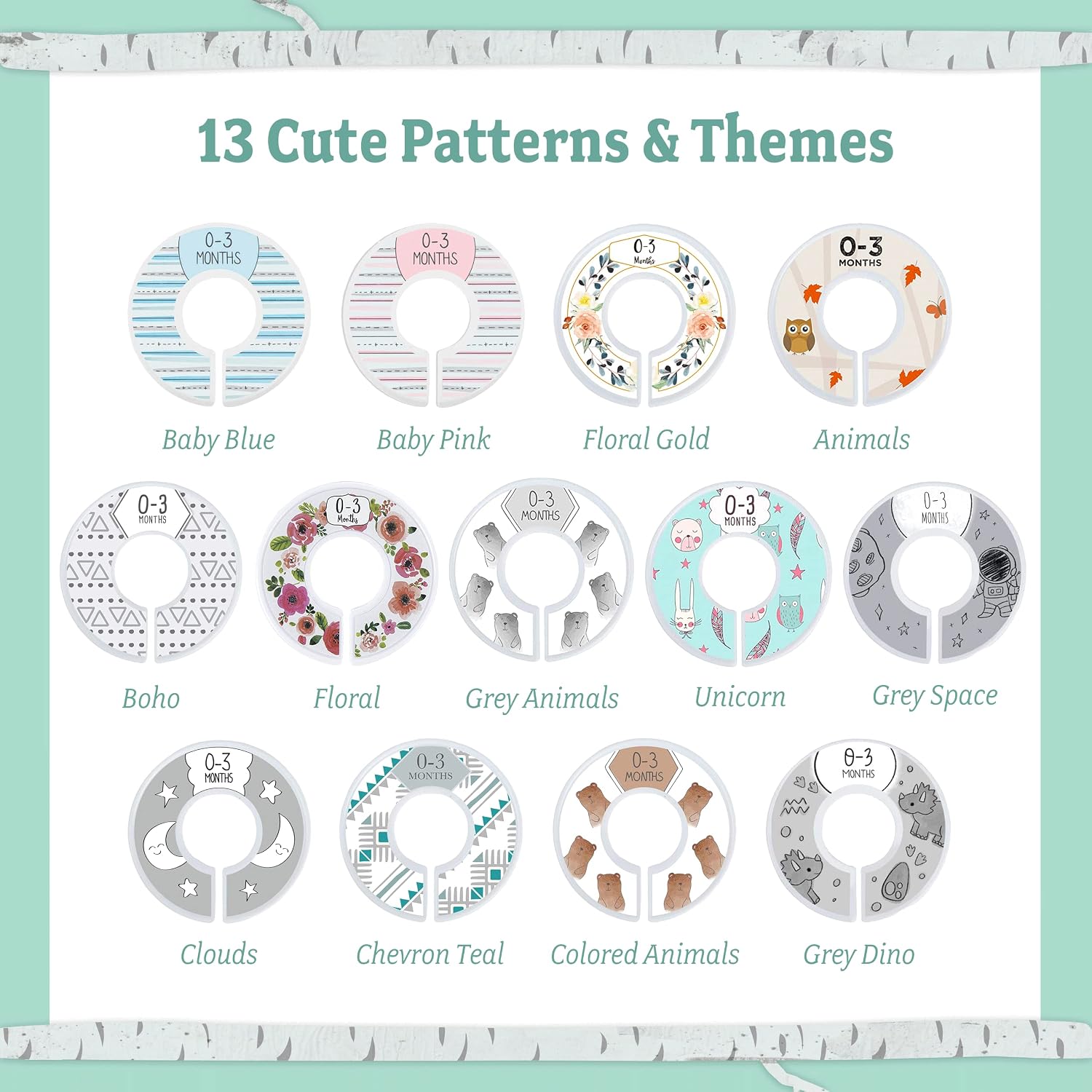 Closet Dividers - 7x Baby Clothes Size Dividers, Newborn to 24 Months, Grey Animals Nursery Closet Organizer