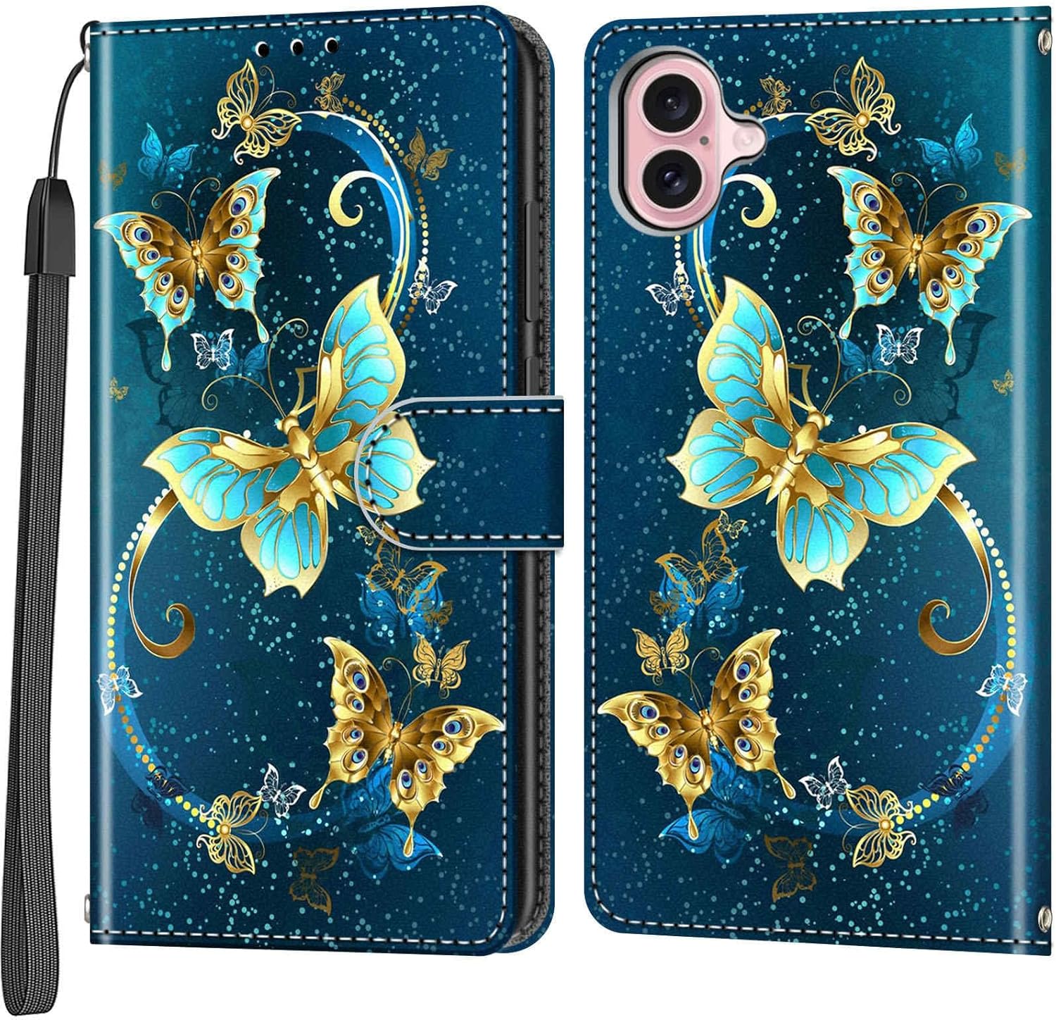 Case Wallet for iPhone 16, with [3 Card Slots], Kickstand Magnetic Closure PU Leather Shockproof Protective Flip Cover 6.1", Golden Green Butterfly - Image 3