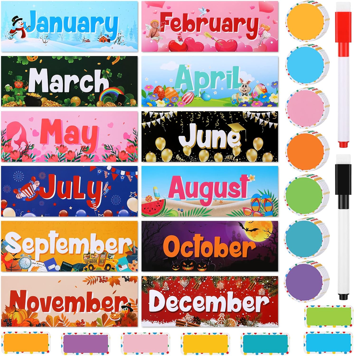 52 Pcs Magnetic Holiday Monthly Headliners Set 12 Seasonal Months of The Year Bulletin Board 31 Writable Round Blank Confetti Accents 7 Writable Rectangle Blank Confetti Accents Label for Classroom : Office Products