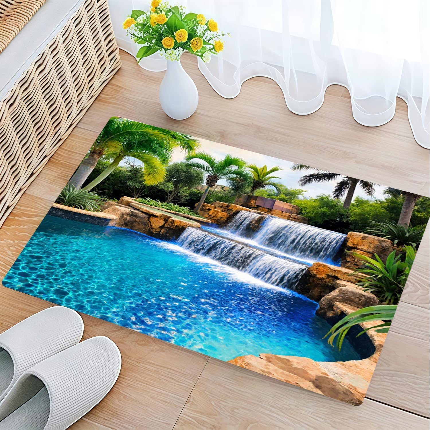 1/3/4PCS Tropical Style Pool with Waterfall and Palm Trees Shower Curtain Set with Rugs, Non Slip Bath Mat, U-Shape Carpet, Toilet Lid Cover, Home Bathroom Festival Decor (4Pcs Full Set)