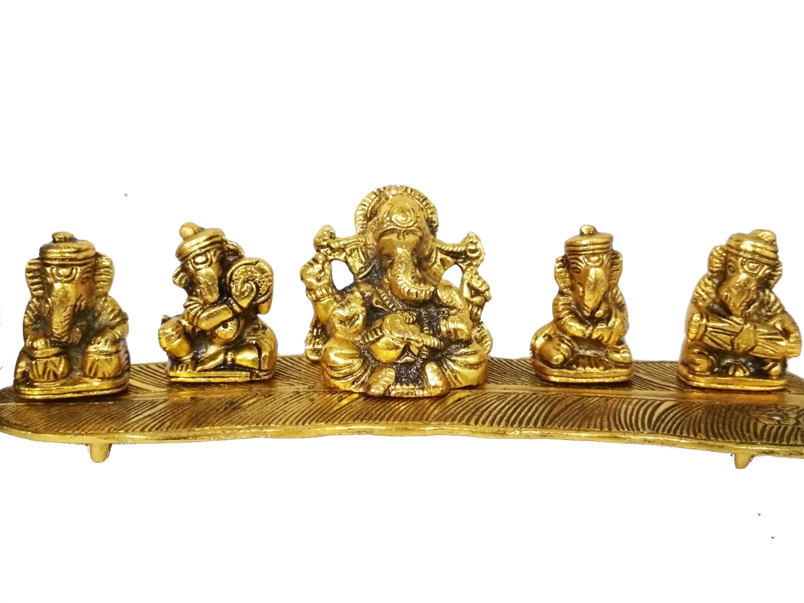 Purpledip Metal Idol Ganesha on Banana Leaf: Set of 5 Ganeshas Playing Divine Music (11551) - Image 6 thumbnail