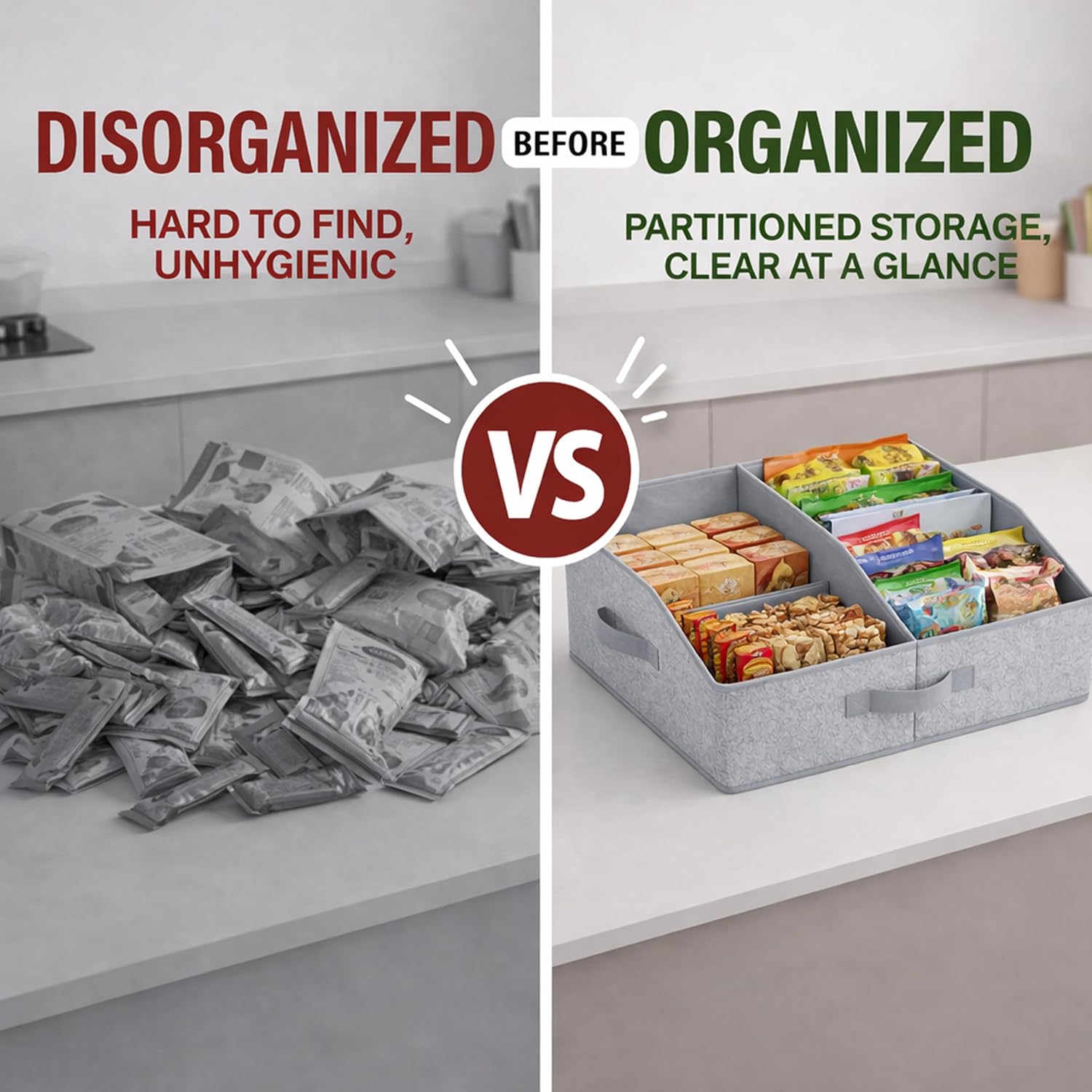 3 Pack Snack Organizer for Countertop, Extra Large Snack Basket with Open Front Design, Handles & Spacious Compartments, Pantry Snack Storage Bin for Kitchen, Cabinet, Bedroom & Game Room.