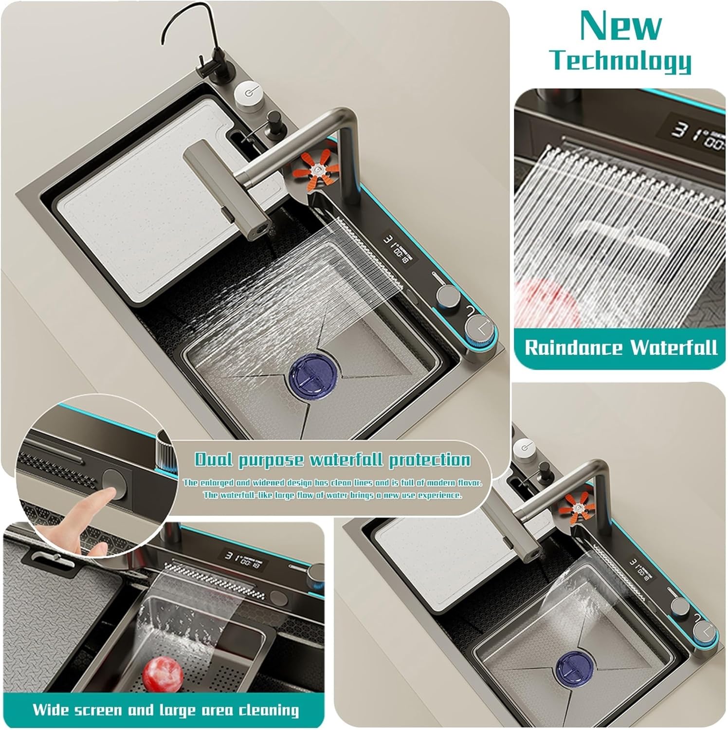 Duslykur LED Display Kitchen Sink Undermount Stainless Steel Sink Single Bowl Kitchen Sink Workstation Set Integrated Smart Faucet (33.5 inch)