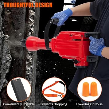 2200W Heavy Duty Electric Jack Hammer Drill, 65A Impact Force Demolition Hammer with 4 Chisel Bits & Anti-Vibration Handle, Concrete Breaker for Road Repair/Construction, Includes Carry Case